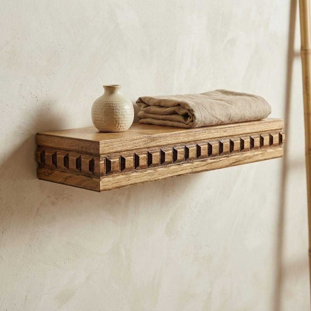 Carved Wood Floating Shelf | Rustic Farmhouse Wall Decor, Decorative Box Shelf