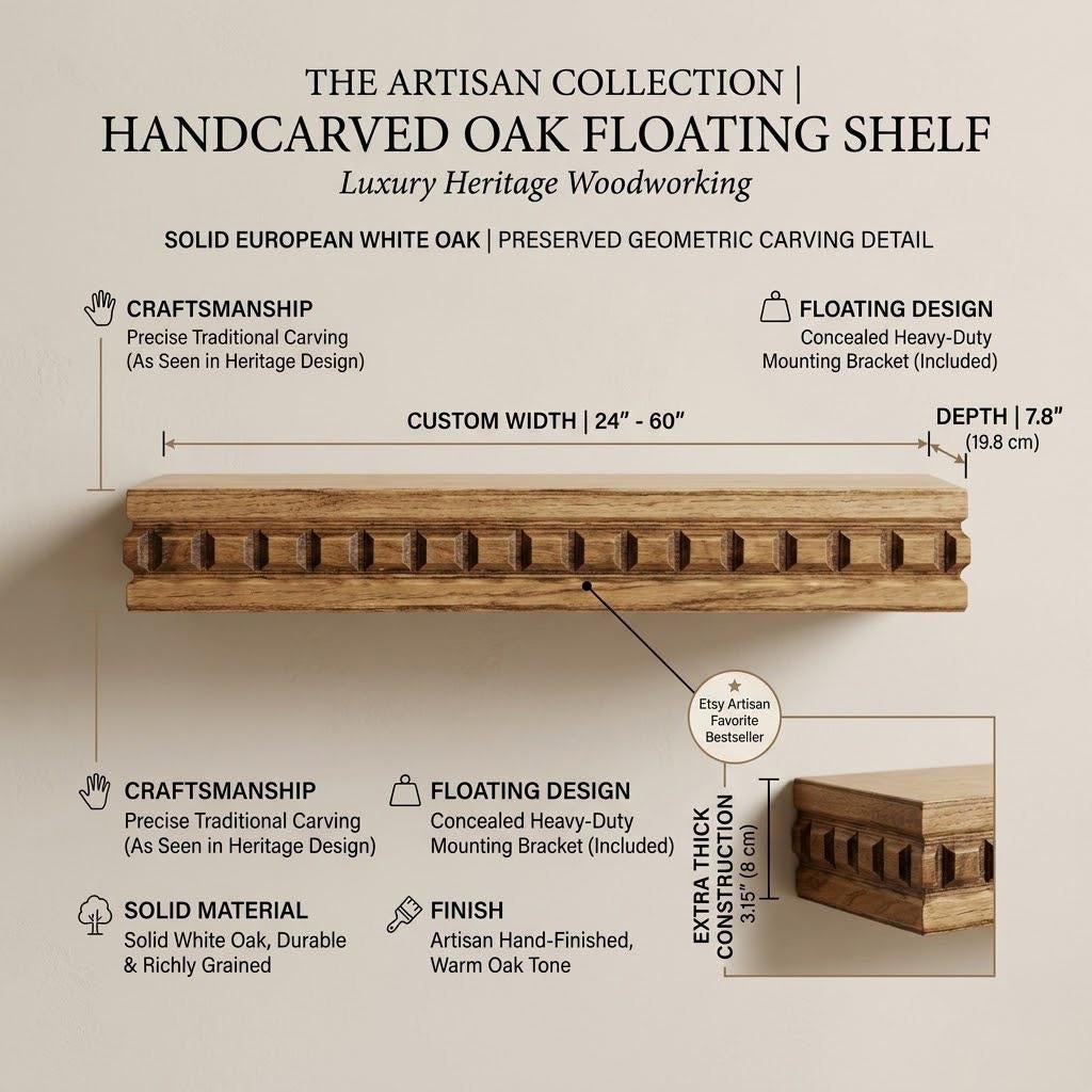 Carved Wood Floating Shelf | Rustic Farmhouse Wall Decor, Decorative Box Shelf