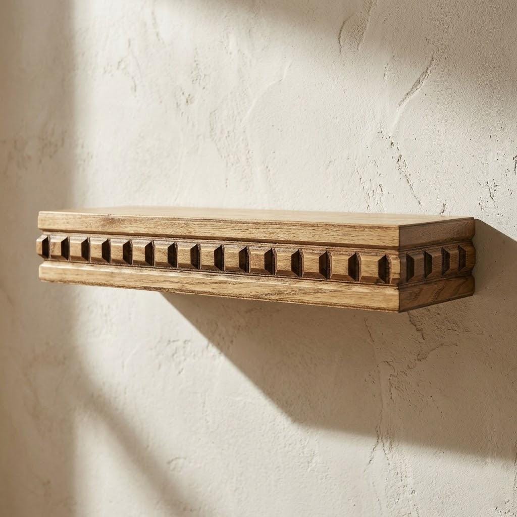 Carved Wood Floating Shelf | Rustic Farmhouse Wall Decor, Decorative Box Shelf