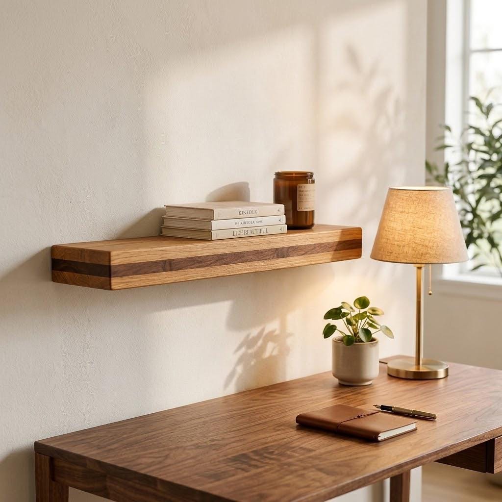 Solid Oak Floating Shelf, Handmade Wall Decor, Minimalist Storage Ledge 2