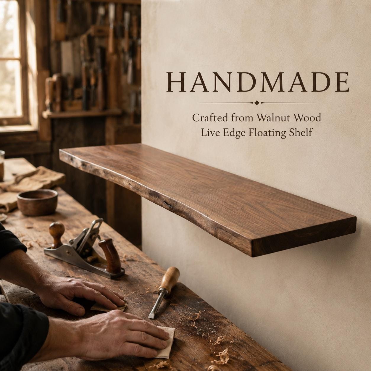 Walnut Live Edge Floating Shelf | Handmade Wood Wall Decor | Custom Size