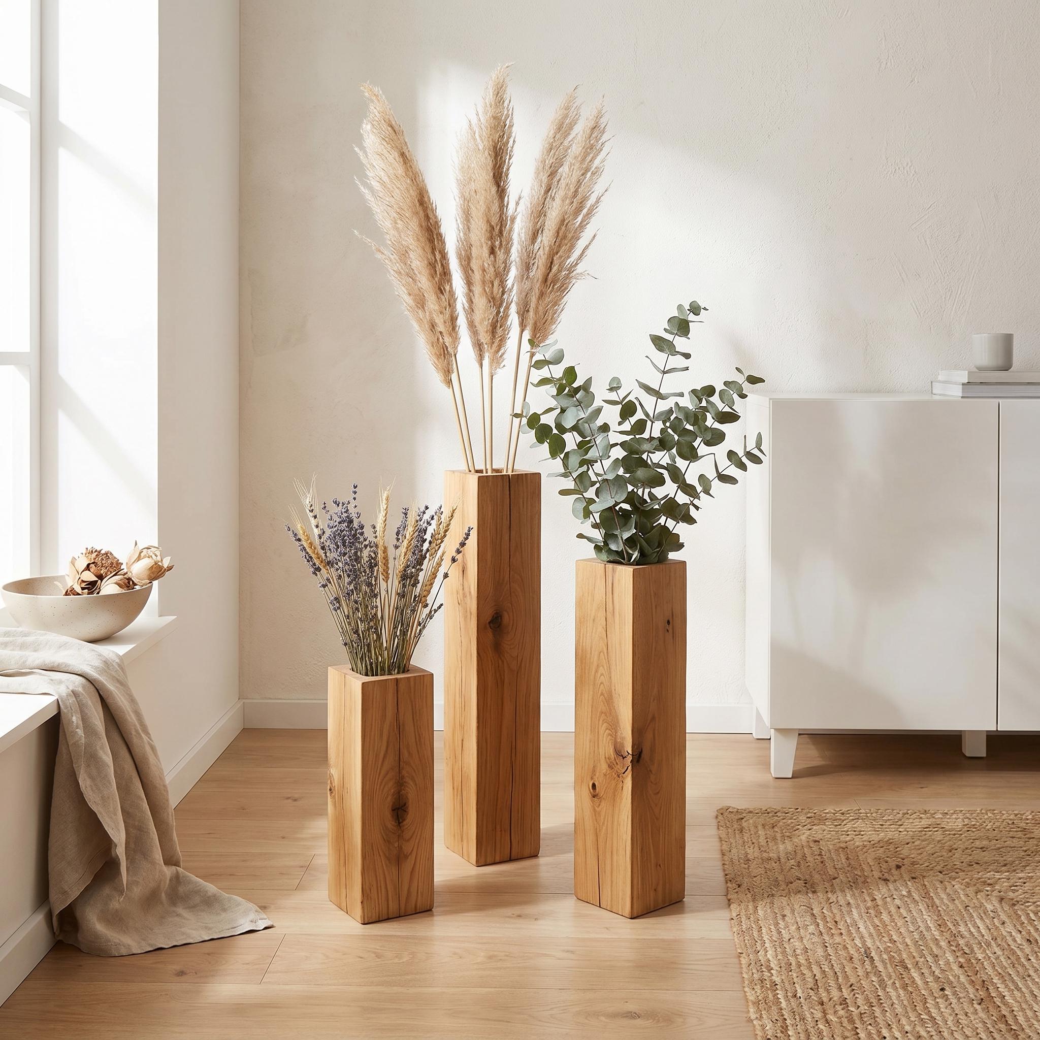 Wooden Floor Vase for Dried Flowers | Handmade Rustic Wood Block Decor