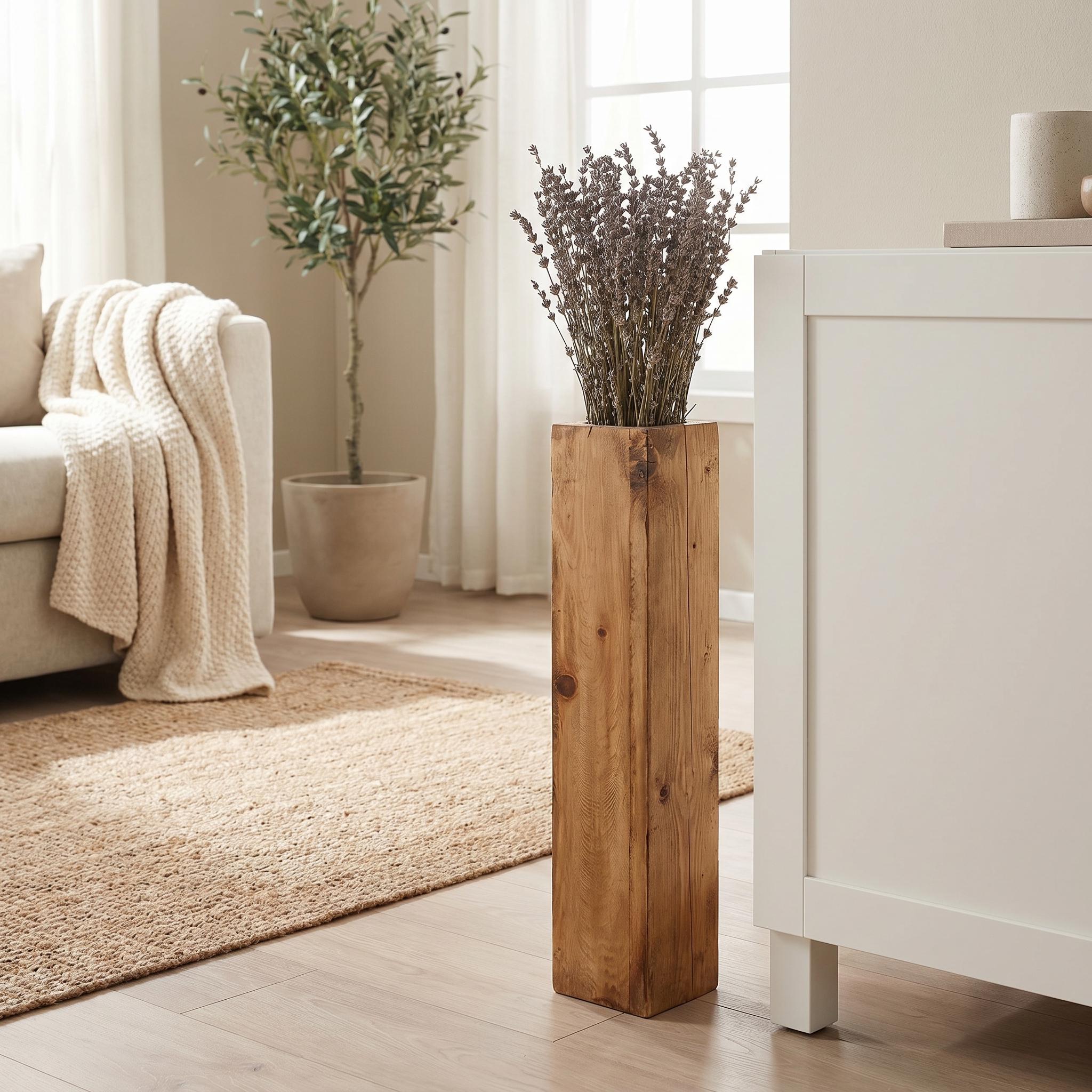 Wooden Floor Vase for Dried Flowers | Handmade Rustic Wood Block Decor