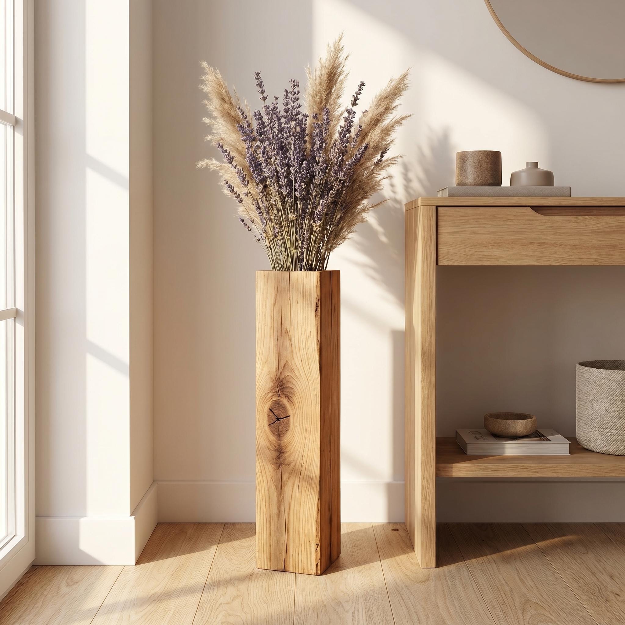 Wooden Floor Vase for Dried Flowers | Handmade Rustic Wood Block Decor 7