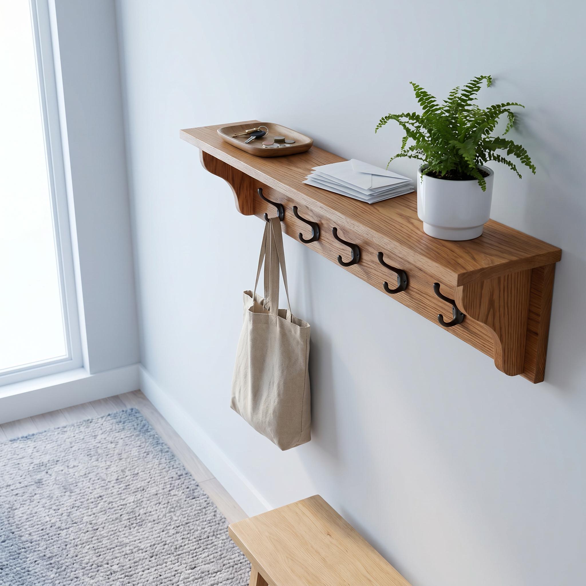 Wood Coat Rack Shelf | Entryway Wall Organizer | Rustic Key Hooks 10