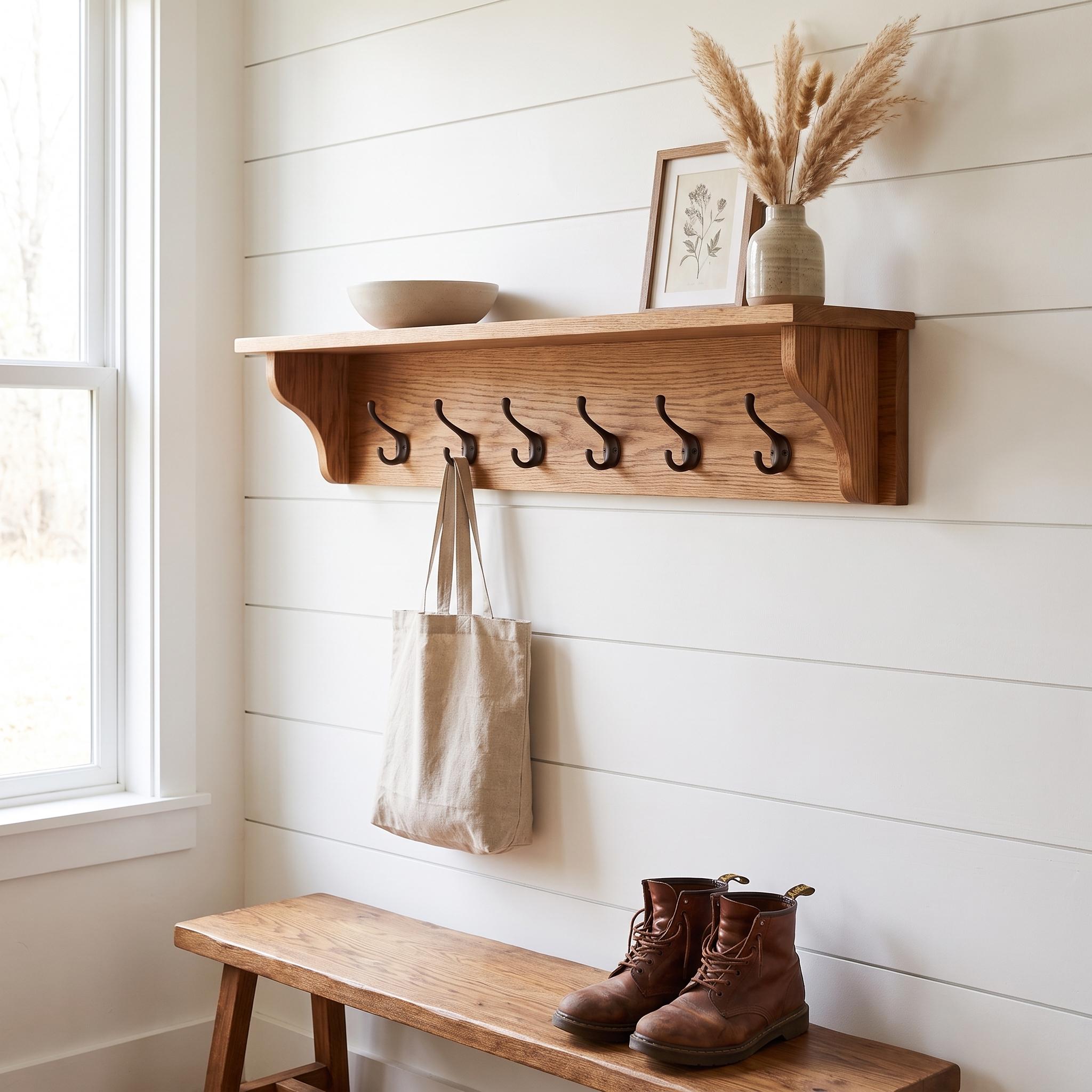 Wood Coat Rack Shelf | Entryway Wall Organizer | Rustic Key Hooks 2