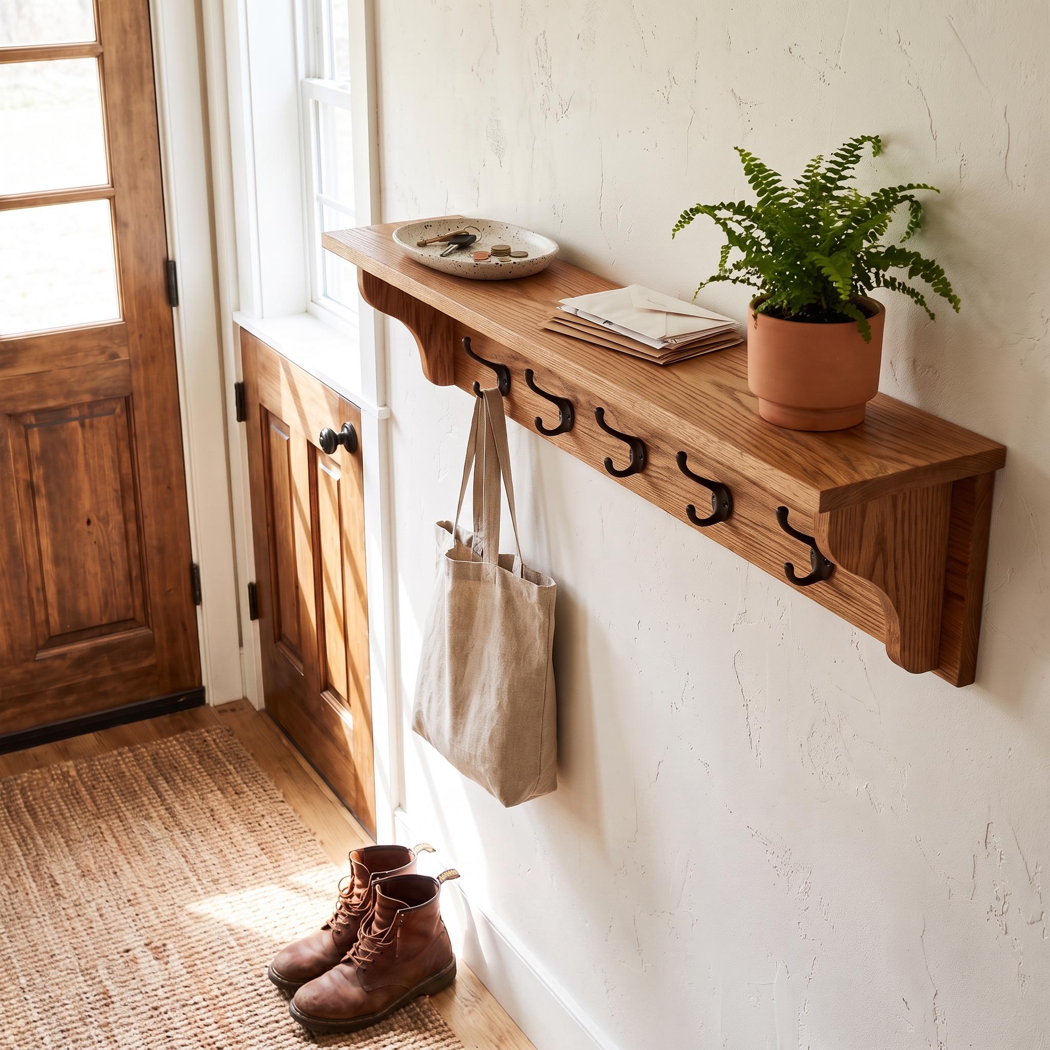 Wood Coat Rack Shelf | Entryway Wall Organizer | Rustic Key Hooks 5