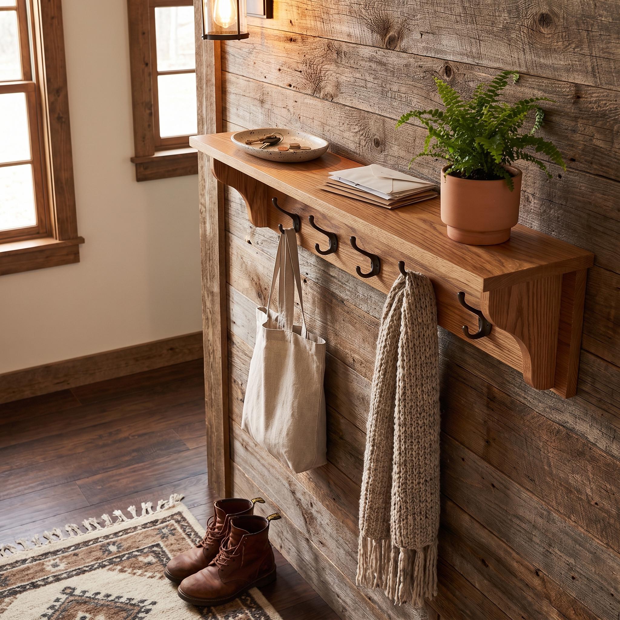 Wood Coat Rack Shelf | Entryway Wall Organizer | Rustic Key Hooks 6