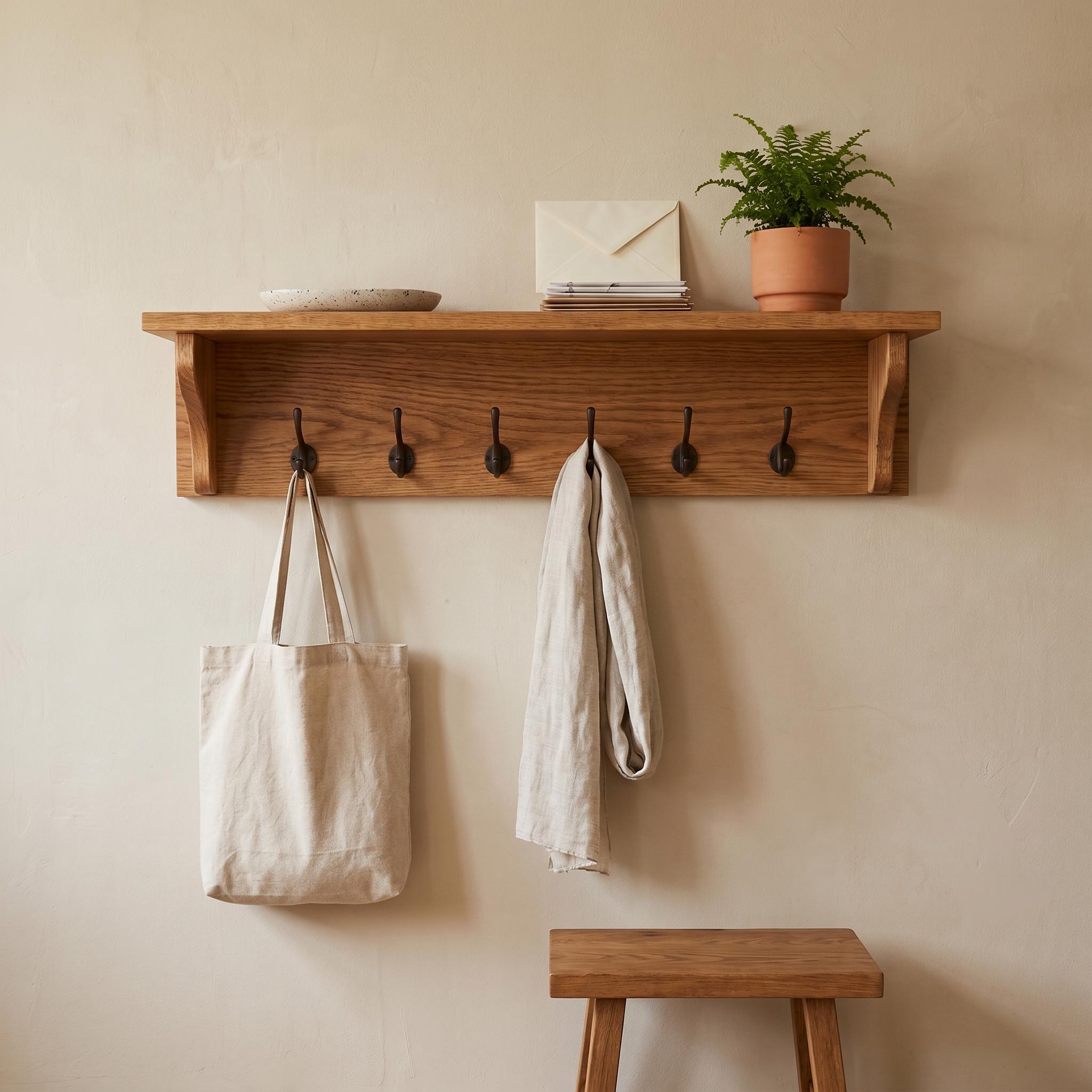 Wood Coat Rack Shelf | Entryway Wall Organizer | Rustic Key Hooks 7