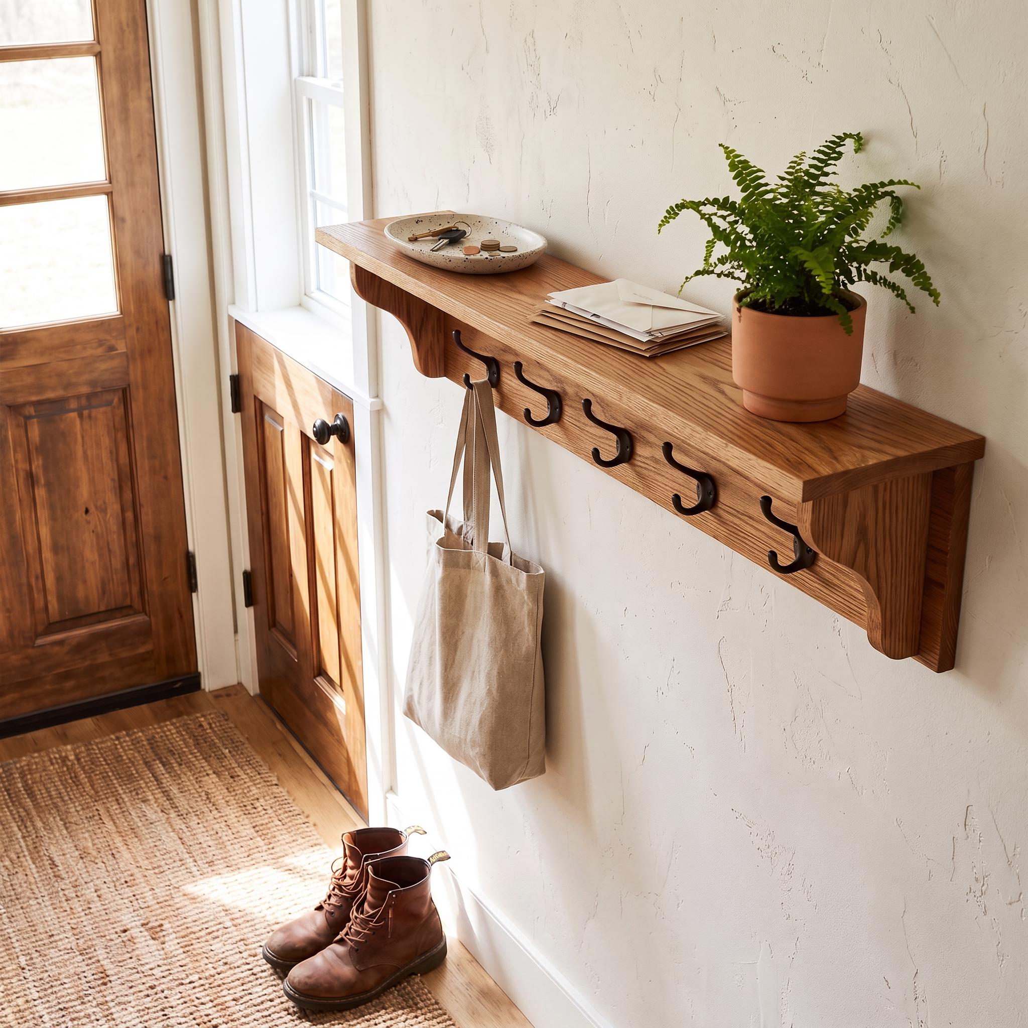 Wood Coat Rack Shelf | Entryway Wall Organizer | Rustic Key Hooks 8