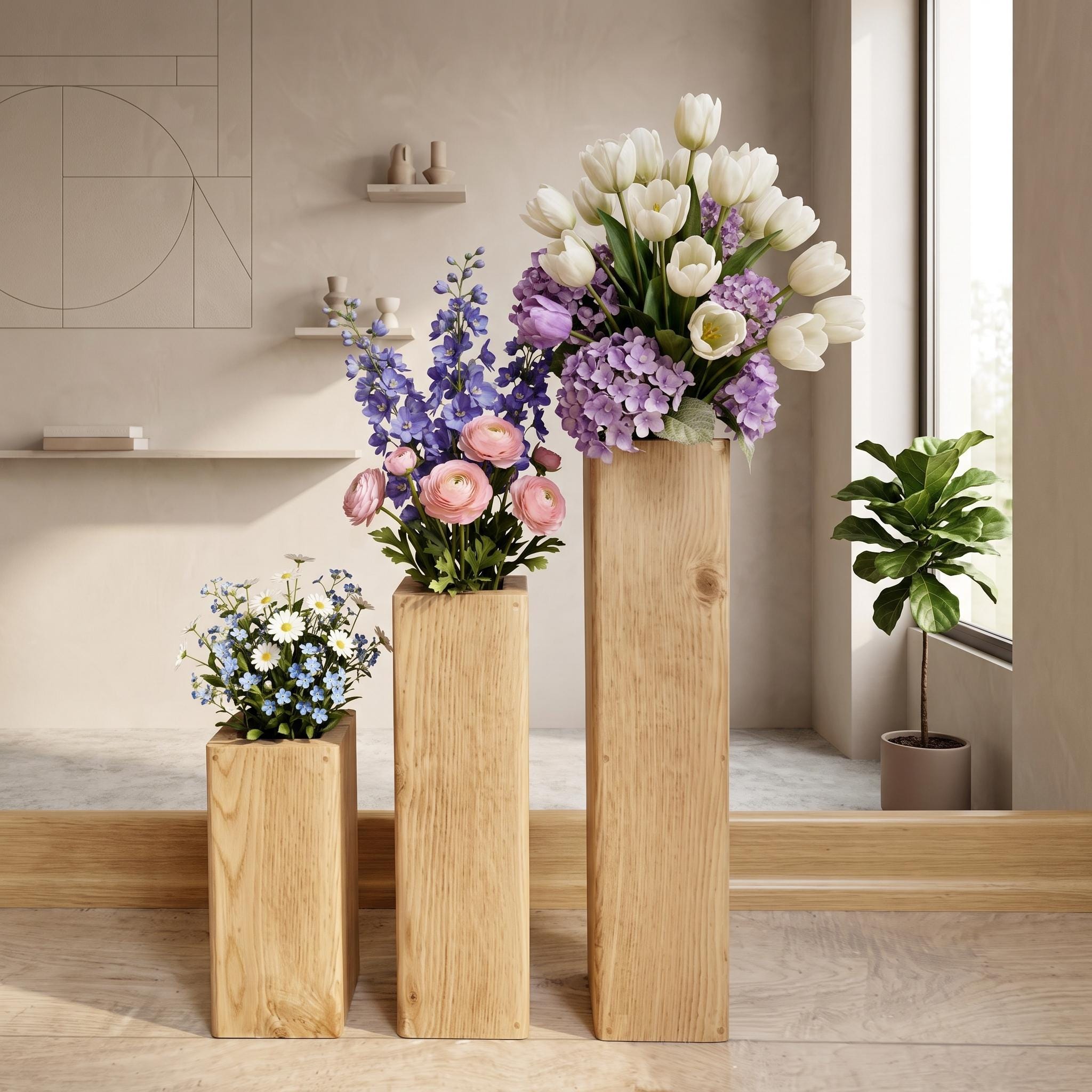 Wooden Flower Vase, Tall Wood Centerpiece, Rustic Floral Holder, Farmhouse Wedding Decor