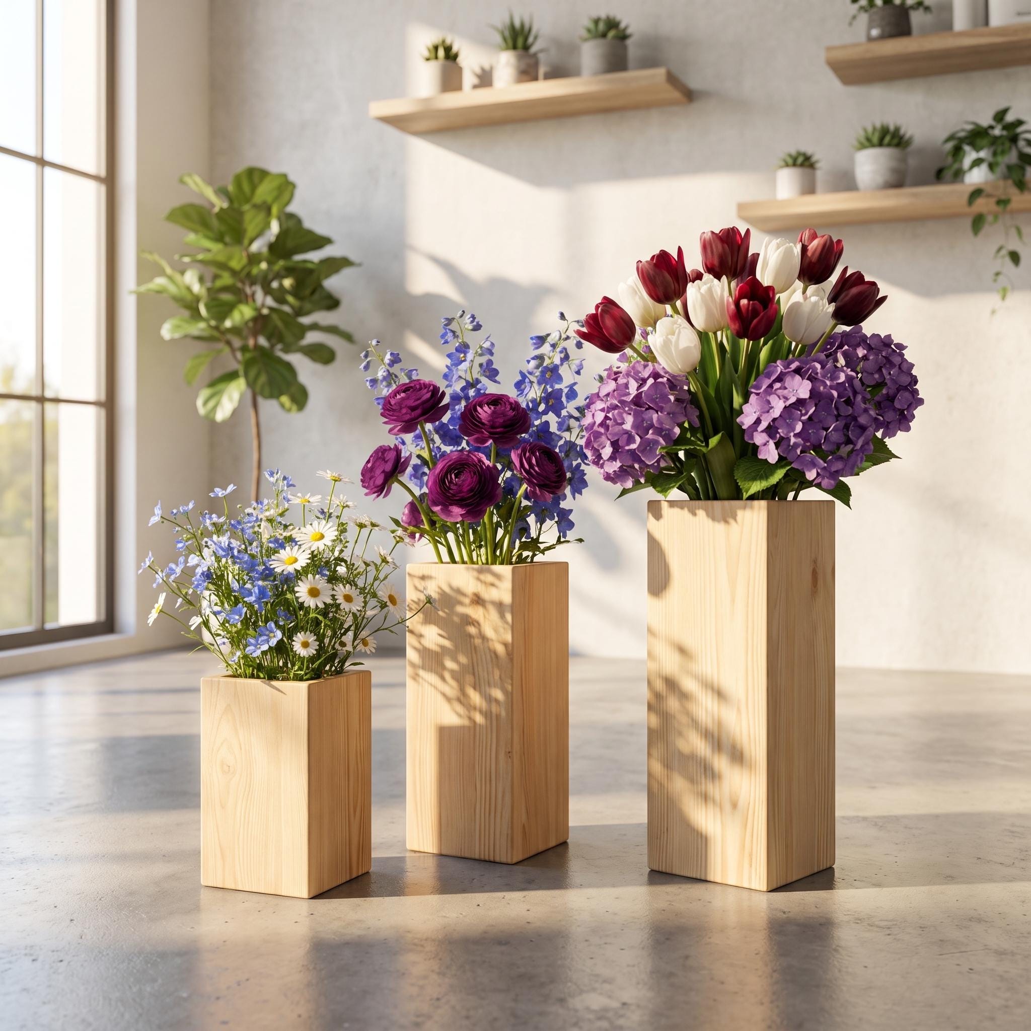 Wooden Flower Vase, Tall Wood Centerpiece, Rustic Floral Holder, Farmhouse Wedding Decor