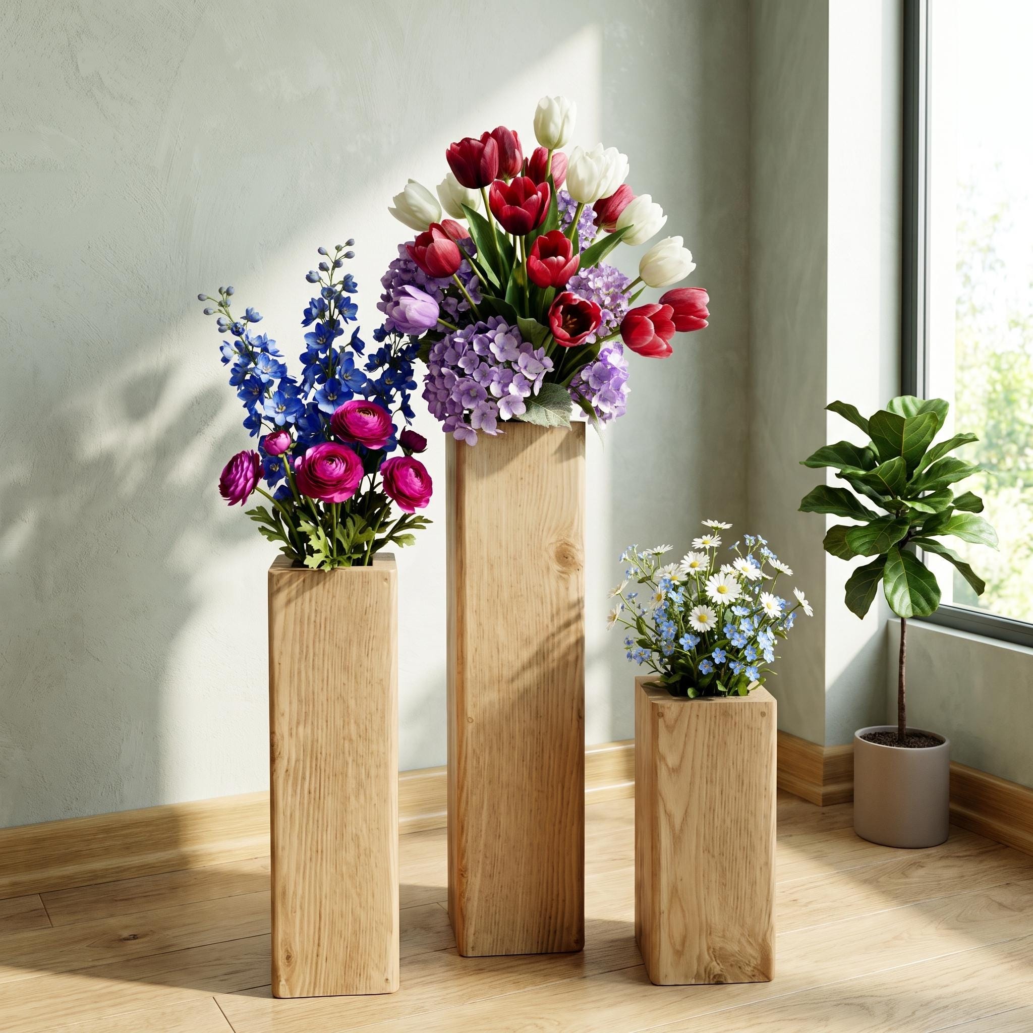 Wooden Flower Vase, Tall Wood Centerpiece, Rustic Floral Holder, Farmhouse Wedding Decor 7