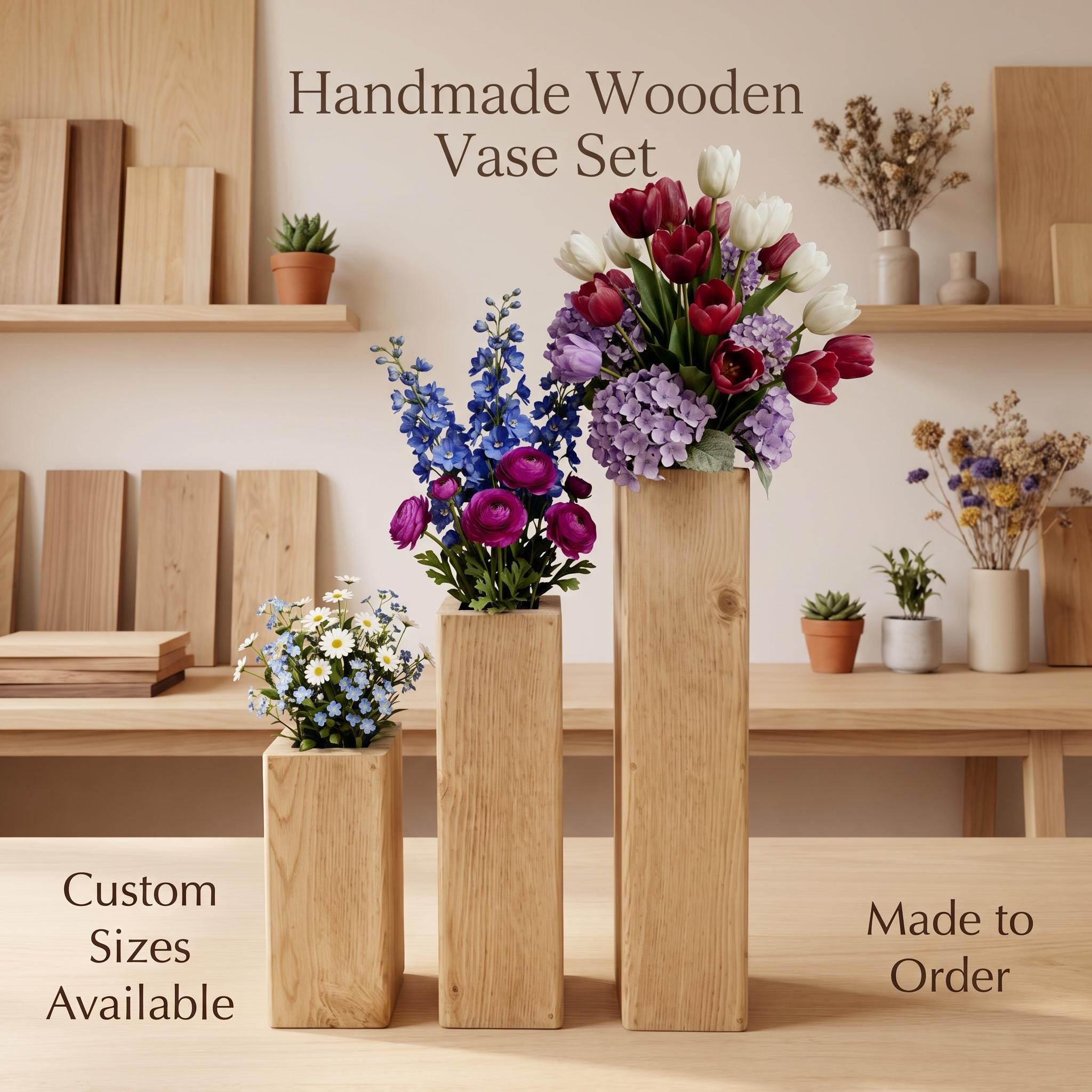 Wooden Flower Vase, Tall Wood Centerpiece, Rustic Floral Holder, Farmhouse Wedding Decor 8