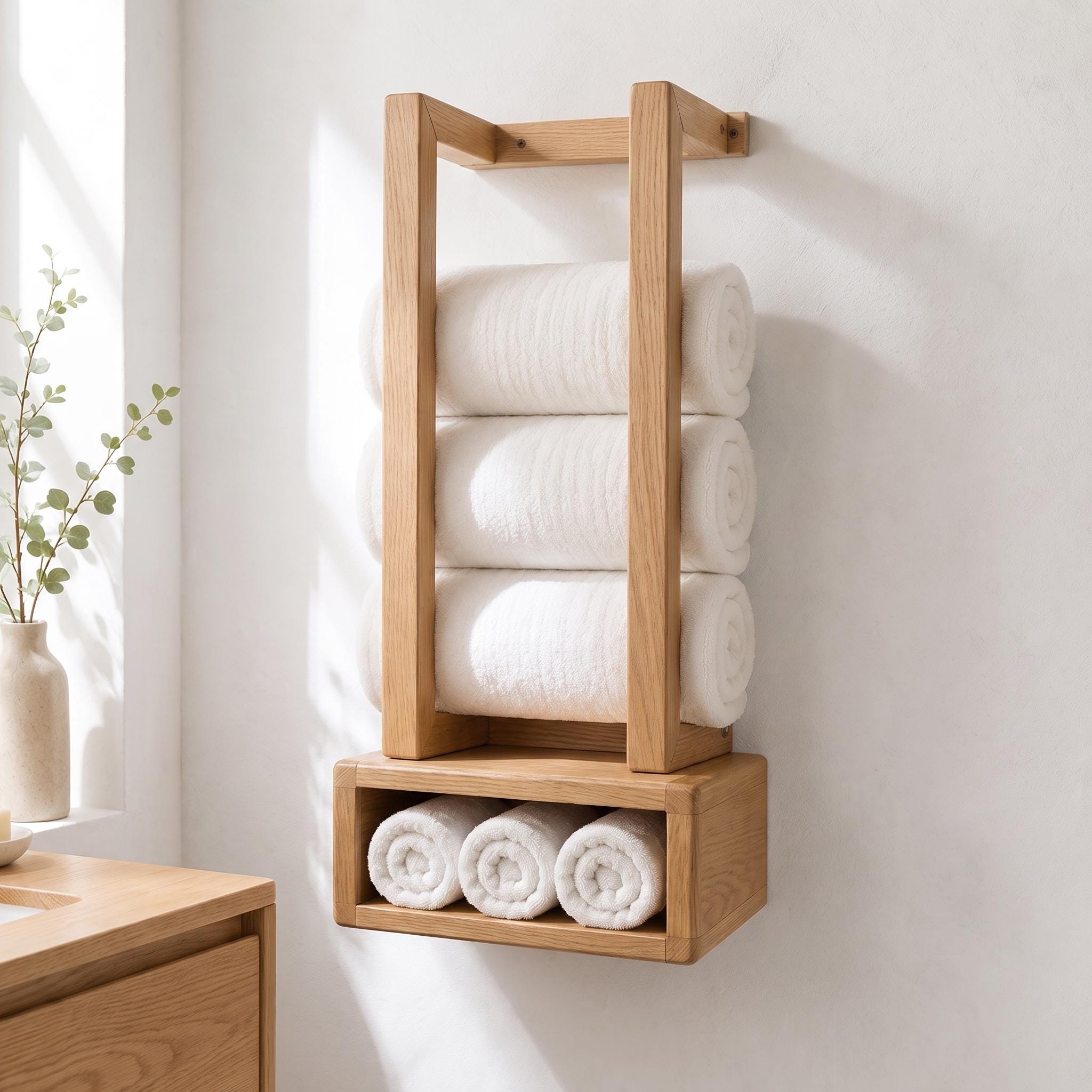Wooden Towel Rack, Wall Mounted Bathroom Shelf, Rolled Towel Holder, Handmade Wood Towel Storage