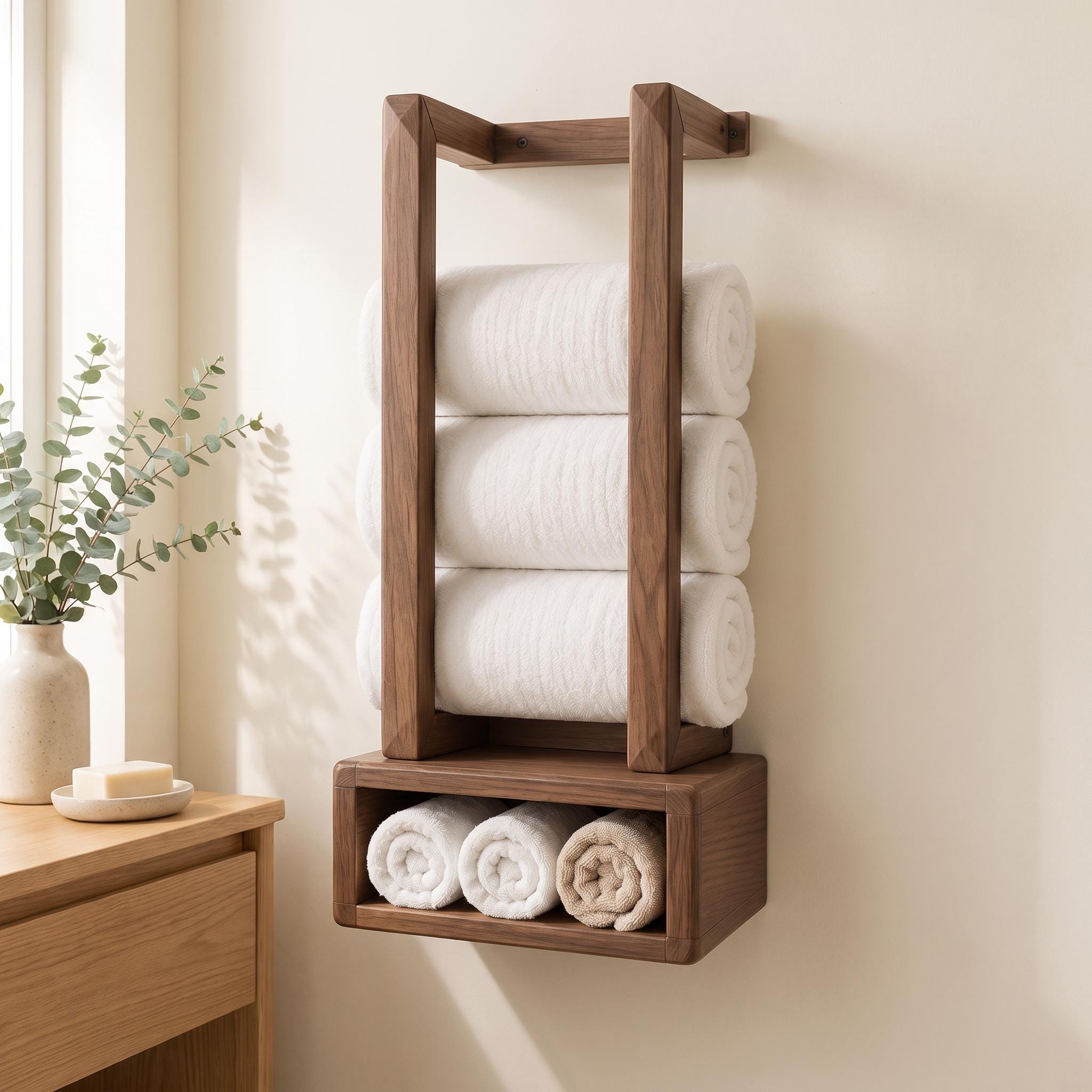 Wooden Towel Rack, Wall Mounted Bathroom Shelf, Rolled Towel Holder, Handmade Wood Towel Storage 10