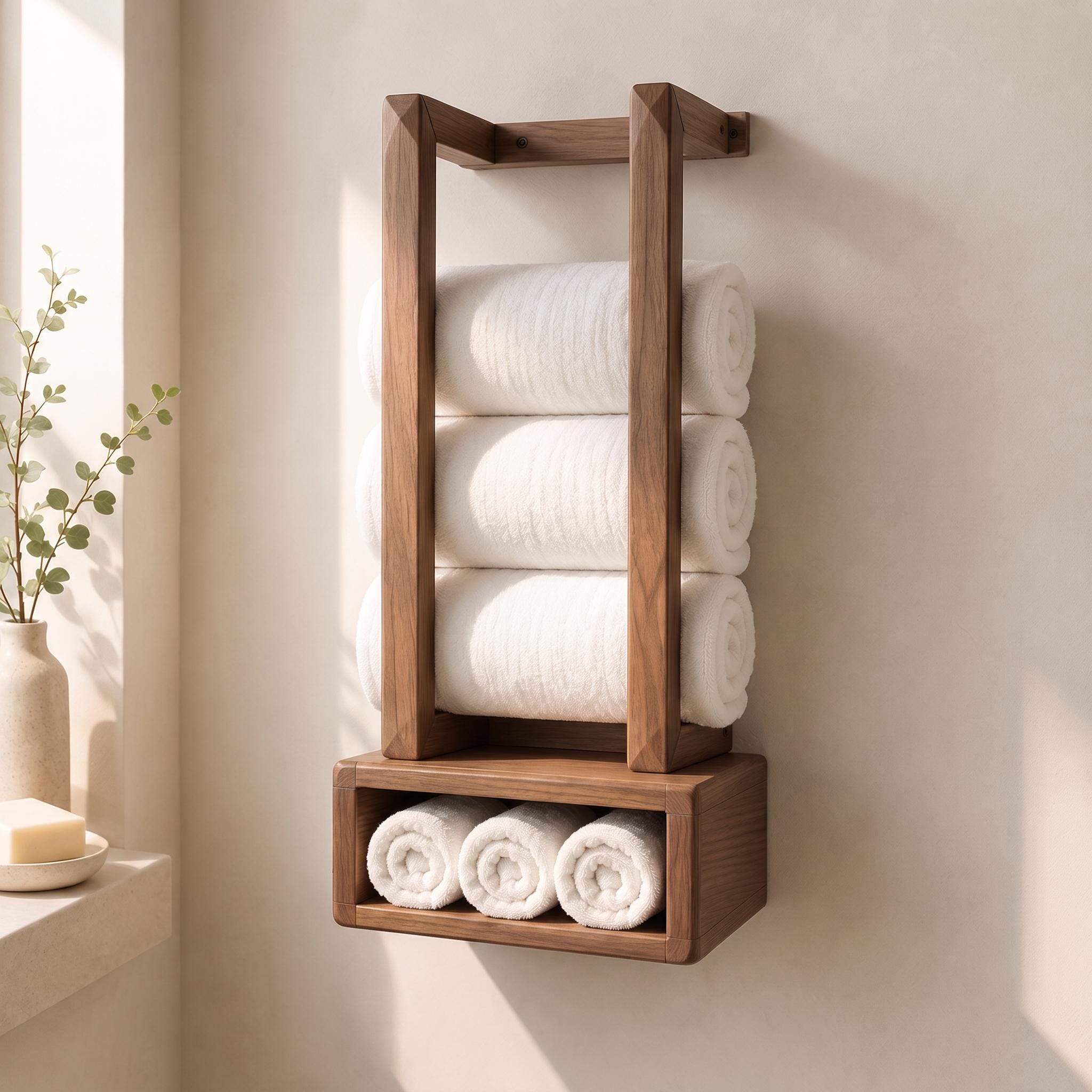 Wooden Towel Rack, Wall Mounted Bathroom Shelf, Rolled Towel Holder, Handmade Wood Towel Storage