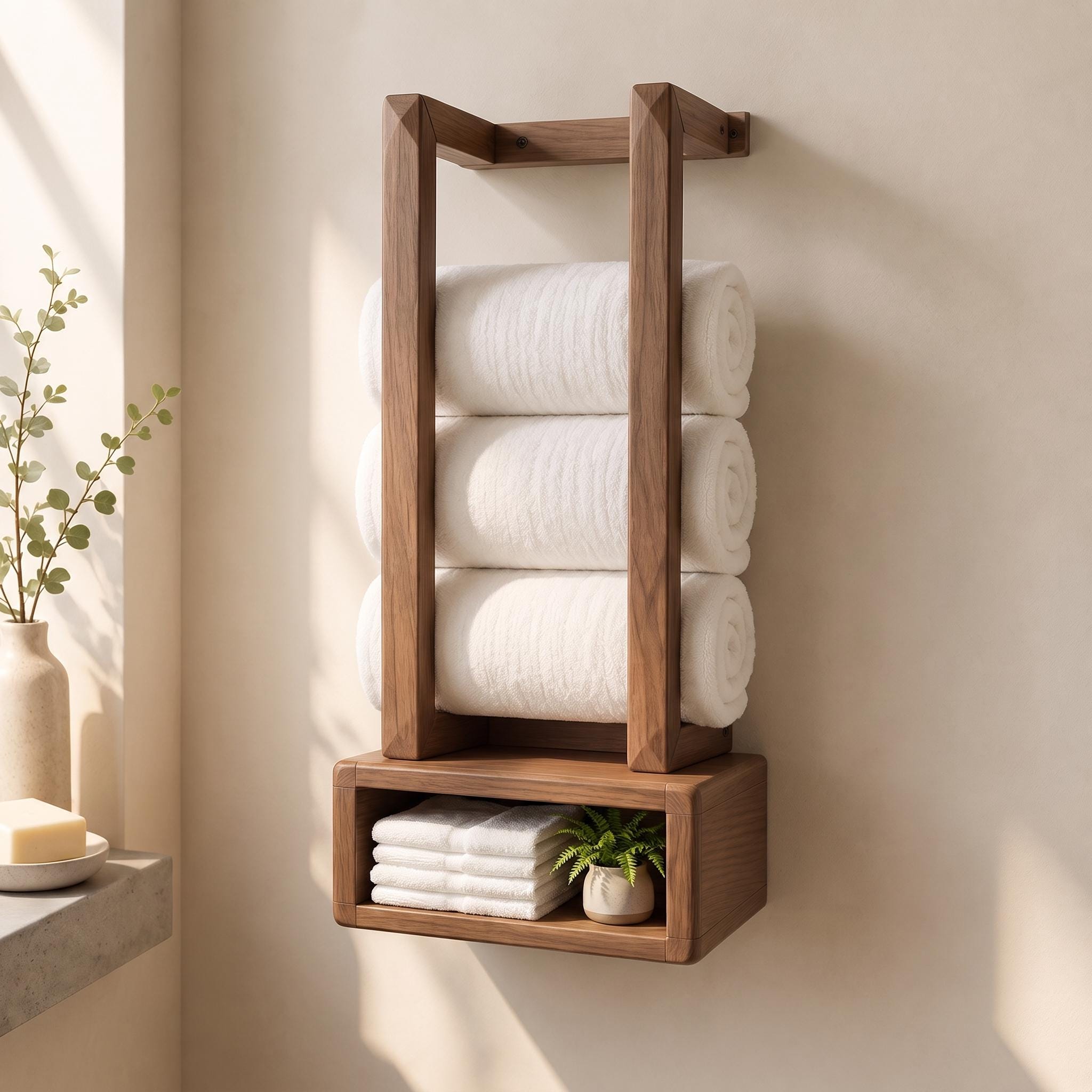 Wooden Towel Rack, Wall Mounted Bathroom Shelf, Rolled Towel Holder, Handmade Wood Towel Storage