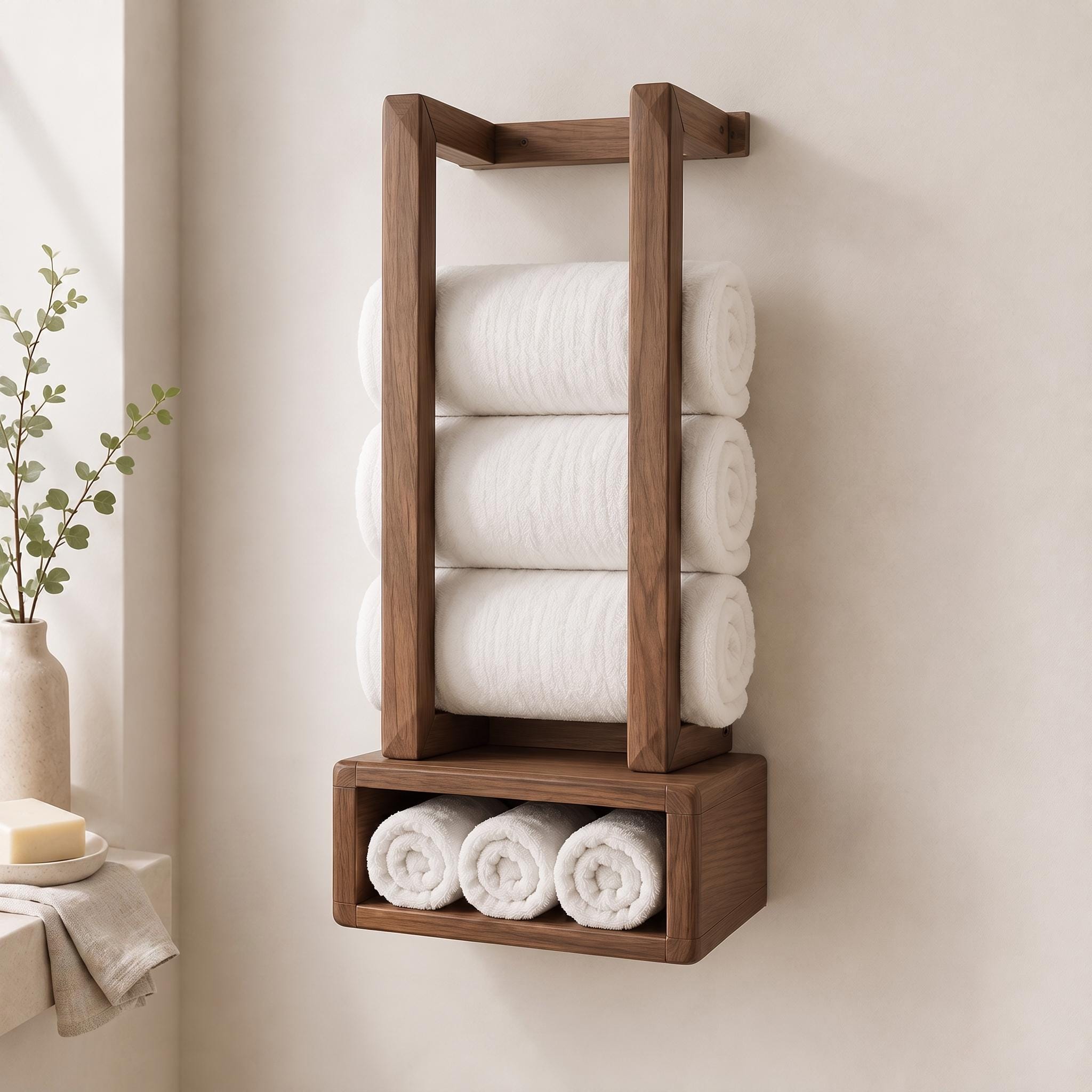 Wooden Towel Rack, Wall Mounted Bathroom Shelf, Rolled Towel Holder, Handmade Wood Towel Storage 5
