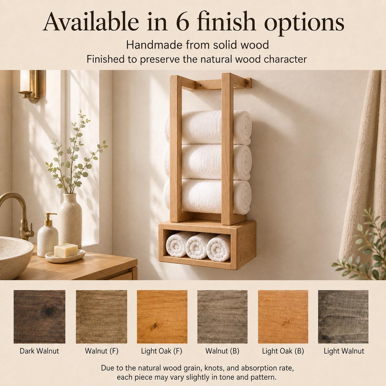 Wooden Towel Rack, Wall Mounted Bathroom Shelf, Rolled Towel Holder, Handmade Wood Towel Storage 6