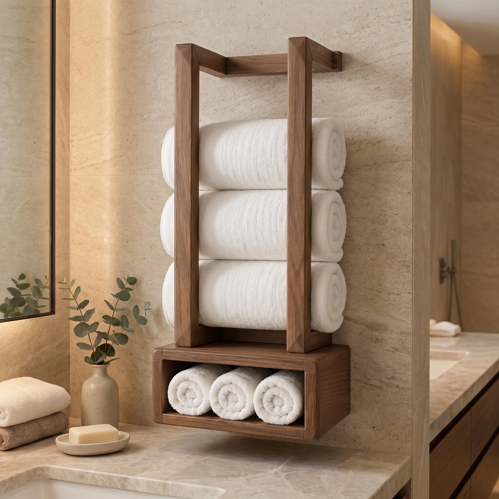 Wooden Towel Rack, Wall Mounted Bathroom Shelf, Rolled Towel Holder, Handmade Wood Towel Storage 7