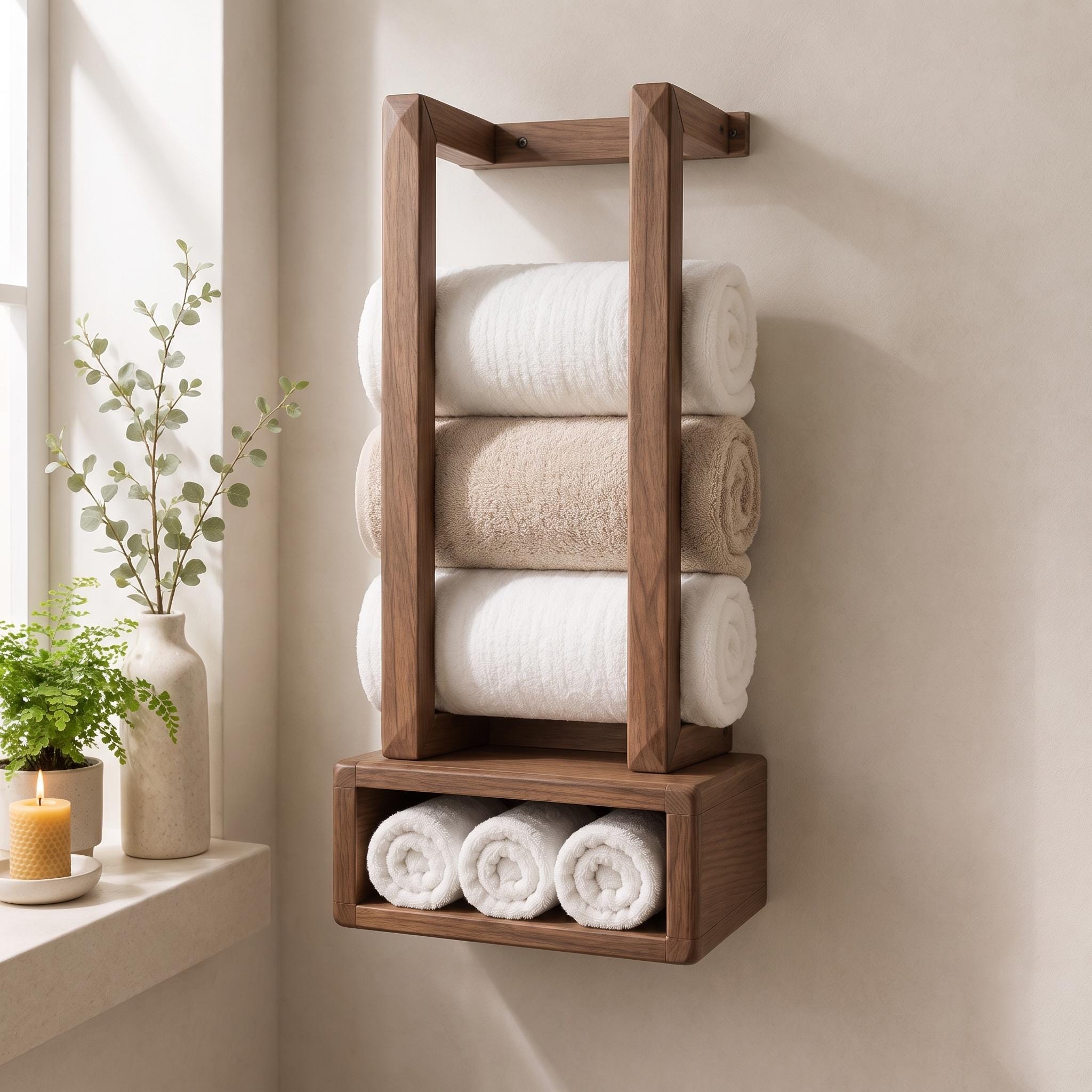 Wooden Towel Rack, Wall Mounted Bathroom Shelf, Rolled Towel Holder, Handmade Wood Towel Storage 8