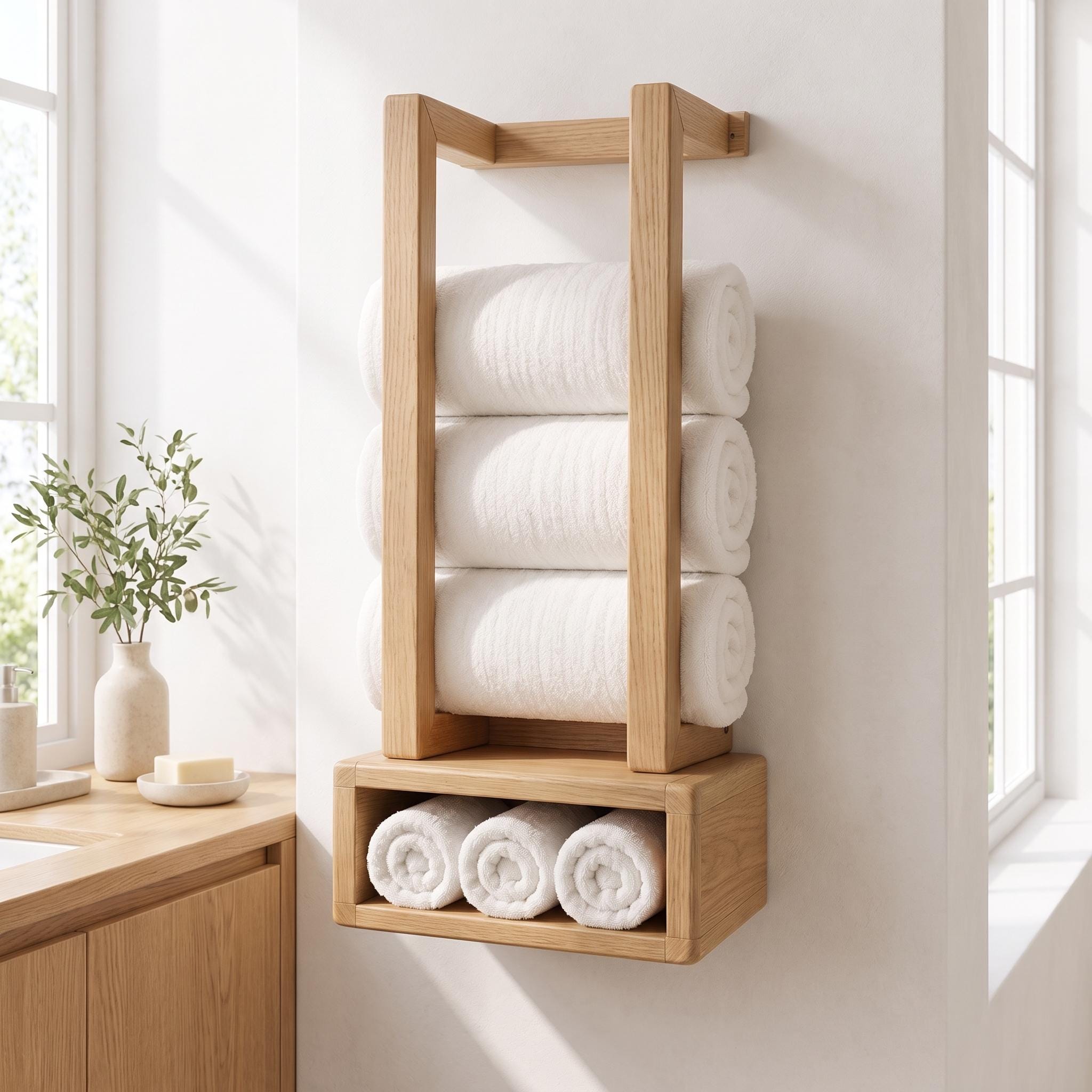 Wooden Towel Rack, Wall Mounted Bathroom Shelf, Rolled Towel Holder, Handmade Wood Towel Storage 9
