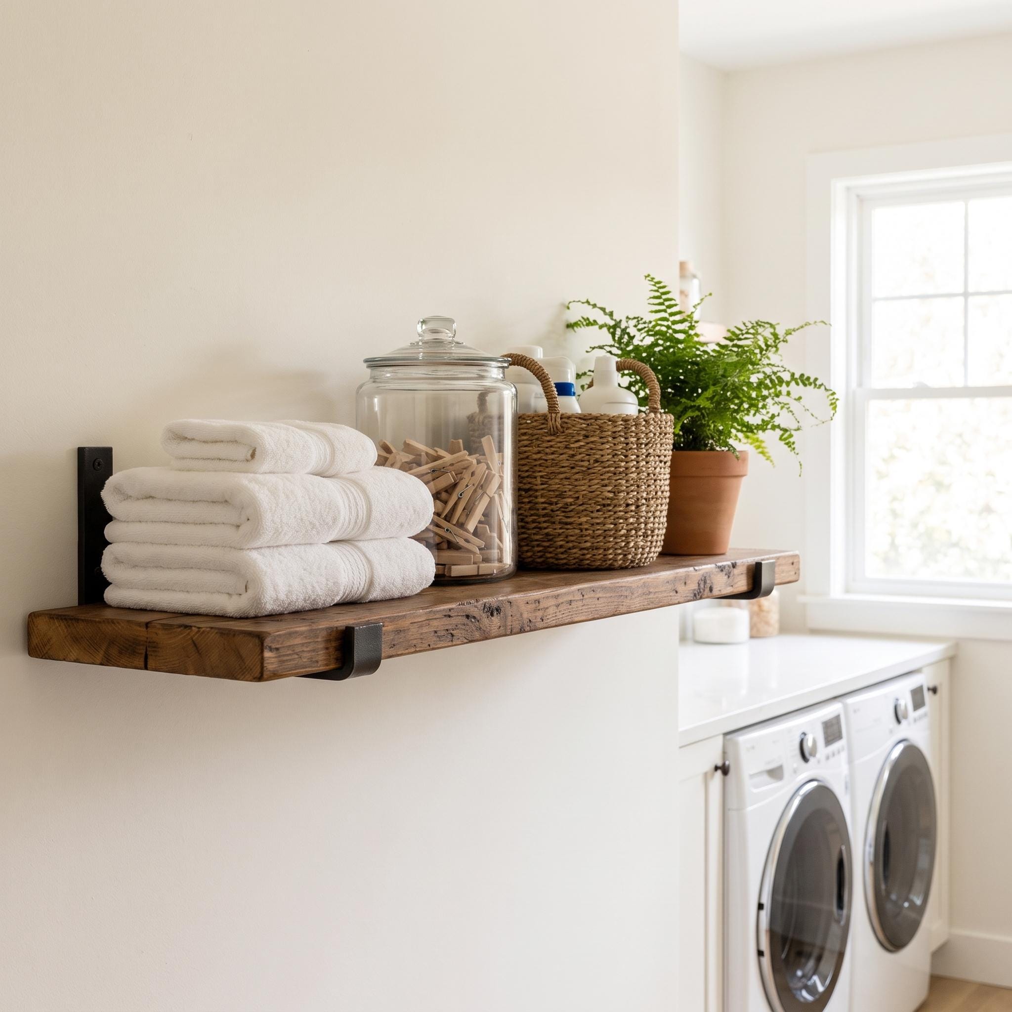 Rustic Wood Wall Shelf, Aged Chestnut Shelf with Black Metal Brackets, Bathroom Kitchen Decor
