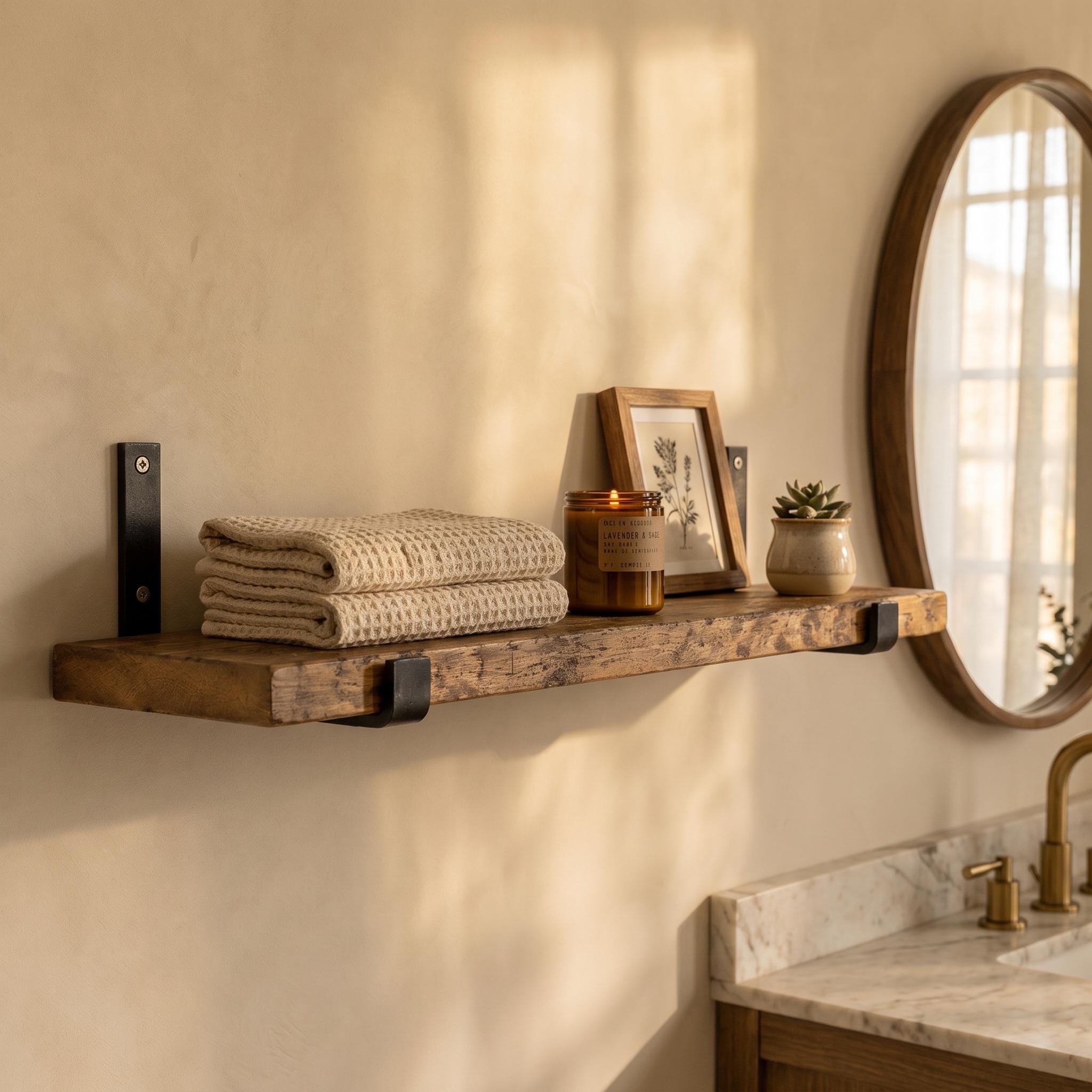 Rustic Wood Wall Shelf, Aged Chestnut Shelf with Black Metal Brackets, Bathroom Kitchen Decor 10