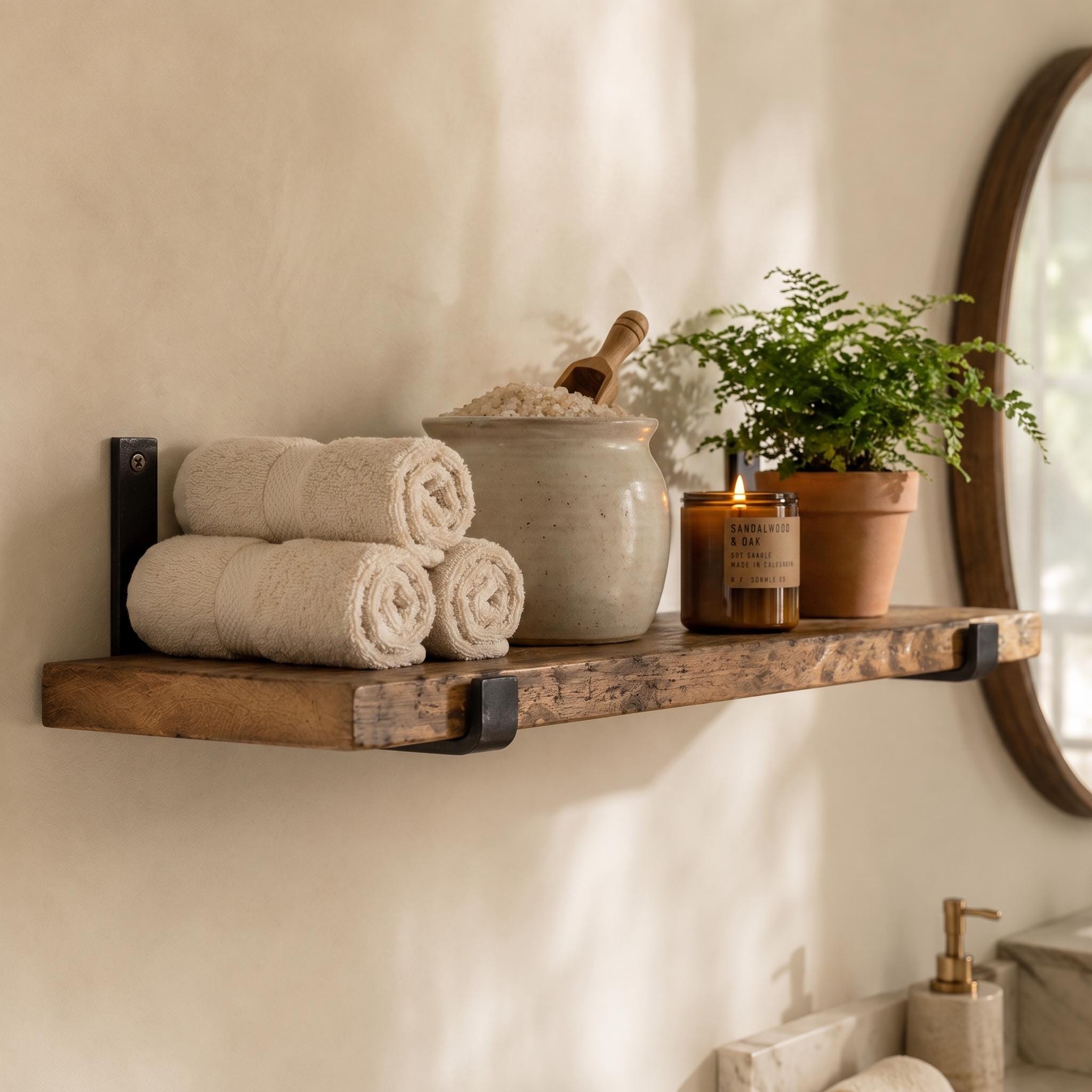 Rustic Wood Wall Shelf, Aged Chestnut Shelf with Black Metal Brackets, Bathroom Kitchen Decor