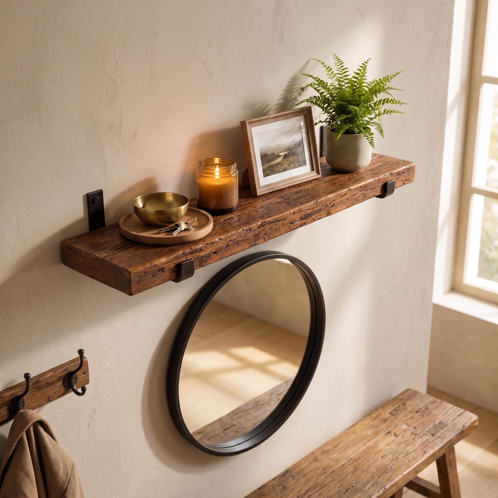 Rustic Wood Wall Shelf, Aged Chestnut Shelf with Black Metal Brackets, Bathroom Kitchen Decor