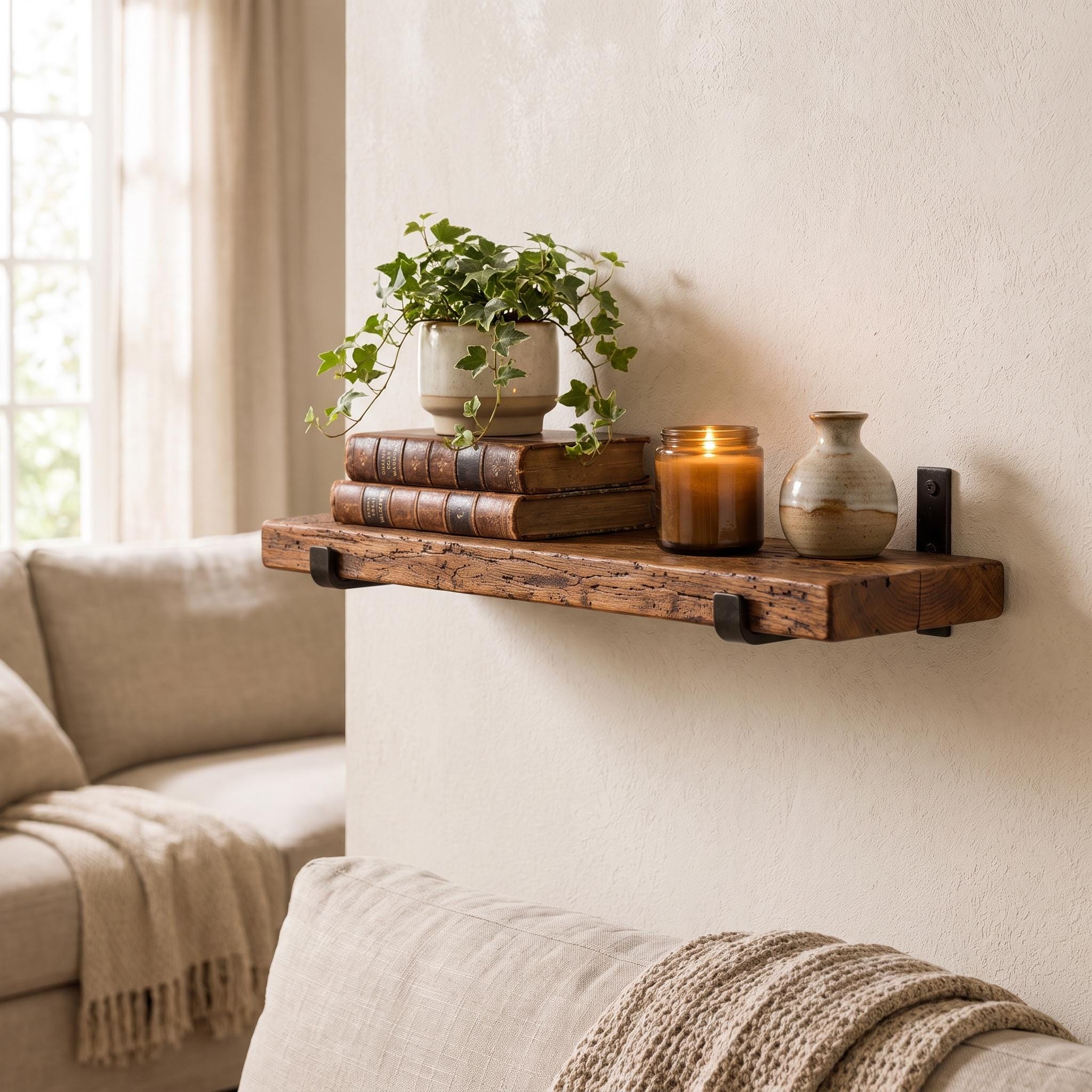 Rustic Wood Wall Shelf, Aged Chestnut Shelf with Black Metal Brackets, Bathroom Kitchen Decor 4