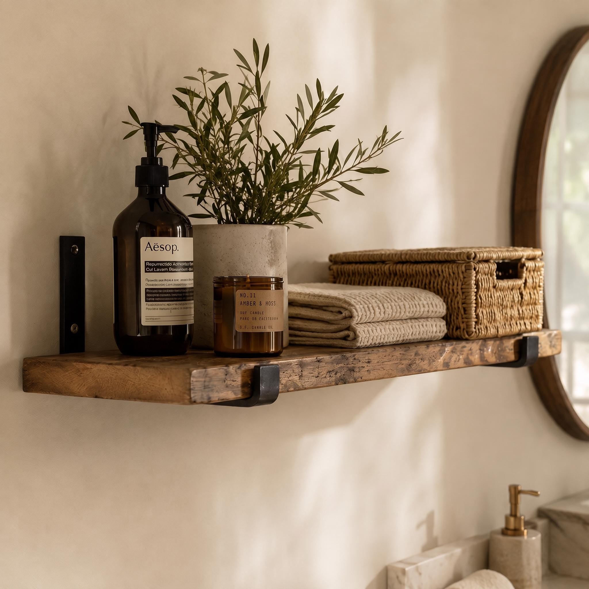 Rustic Wood Wall Shelf, Aged Chestnut Shelf with Black Metal Brackets, Bathroom Kitchen Decor 5