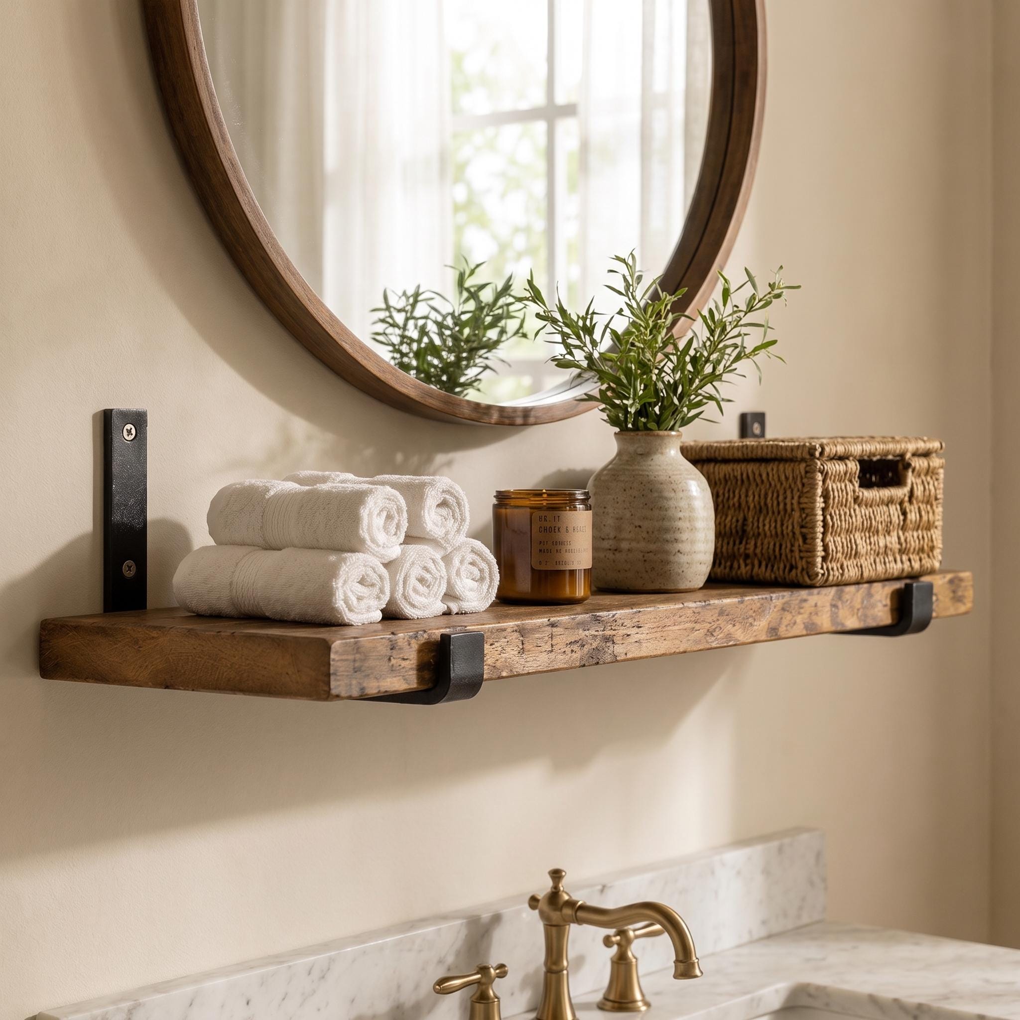 Rustic Wood Wall Shelf, Aged Chestnut Shelf with Black Metal Brackets, Bathroom Kitchen Decor 6