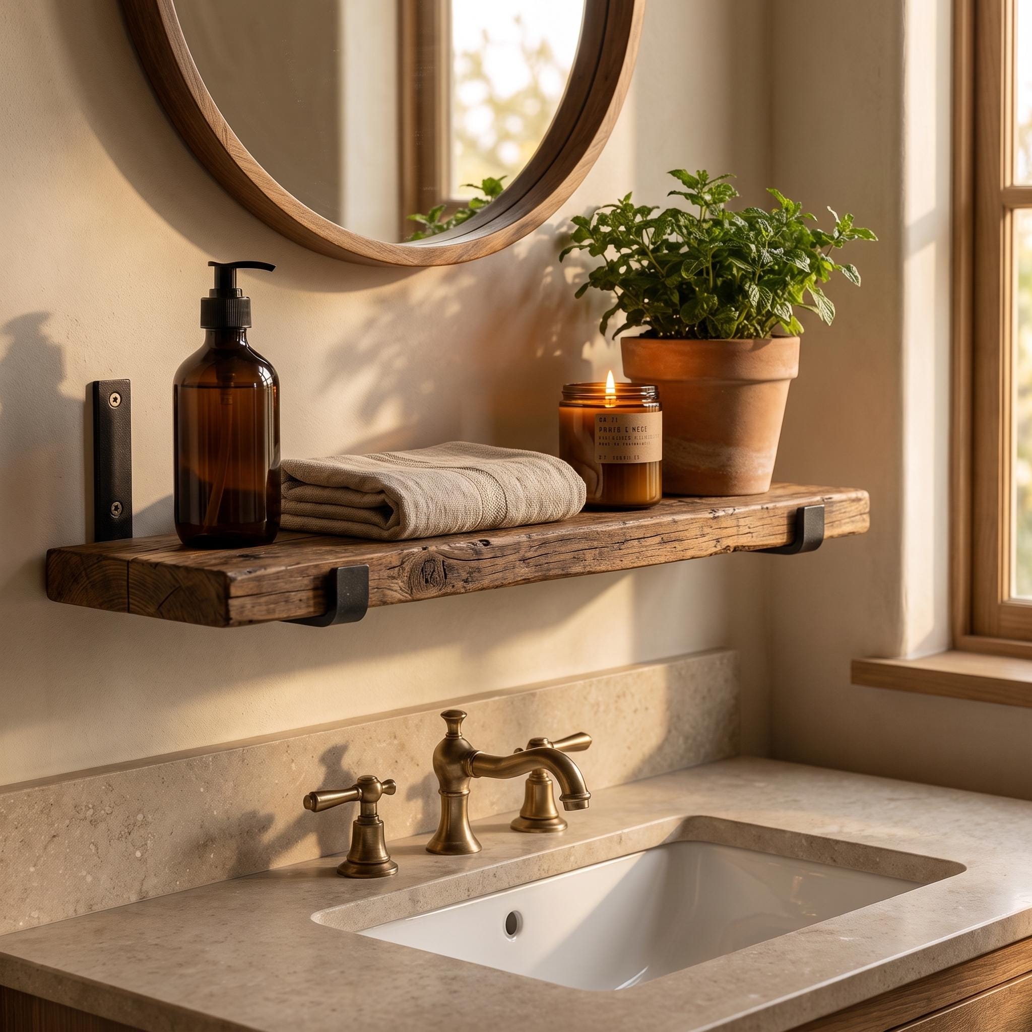 Rustic Wood Wall Shelf, Aged Chestnut Shelf with Black Metal Brackets, Bathroom Kitchen Decor 8