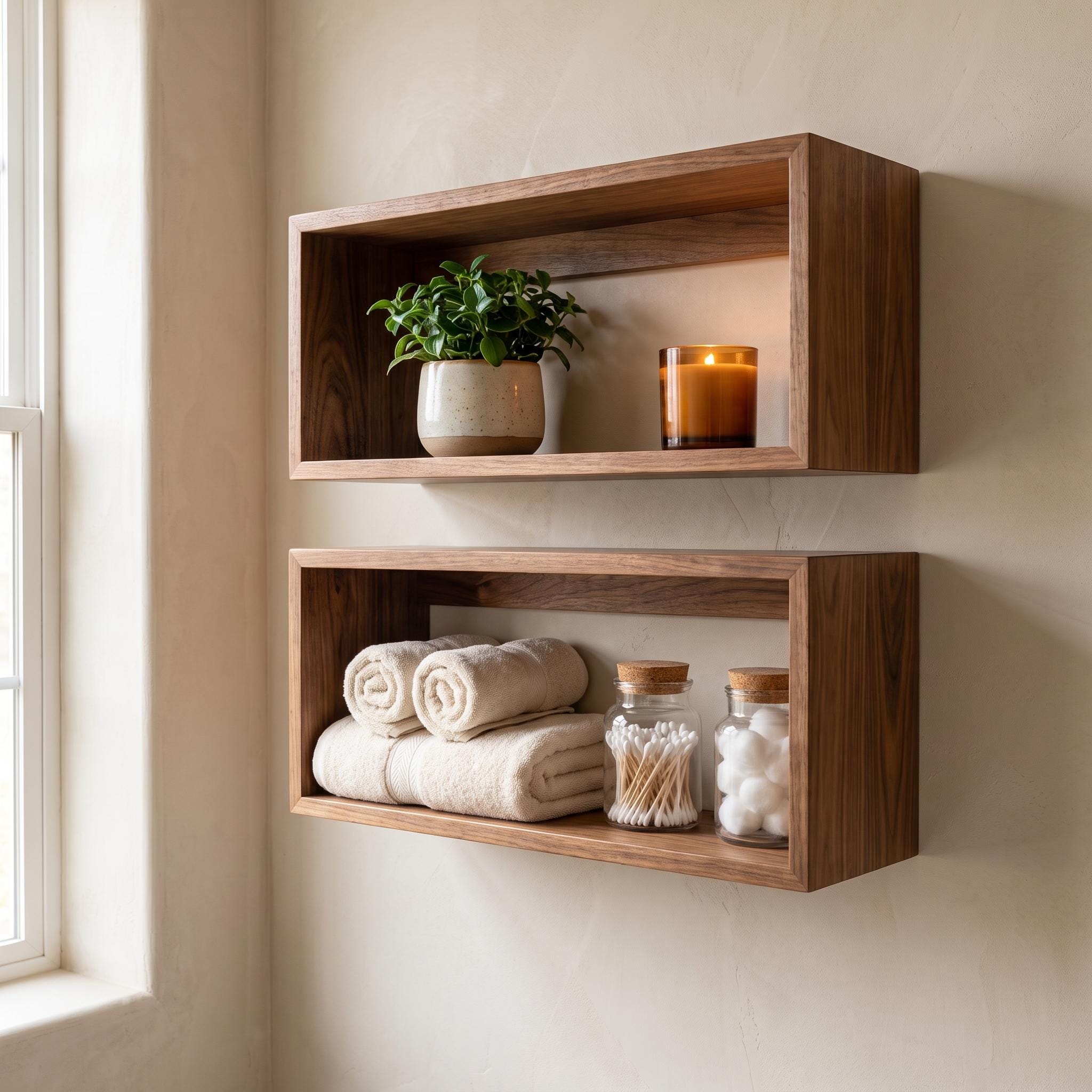 Over the Toilet Storage, Set of 2 Wooden Box Shelves, Farmhouse Bathroom Wall Organizer