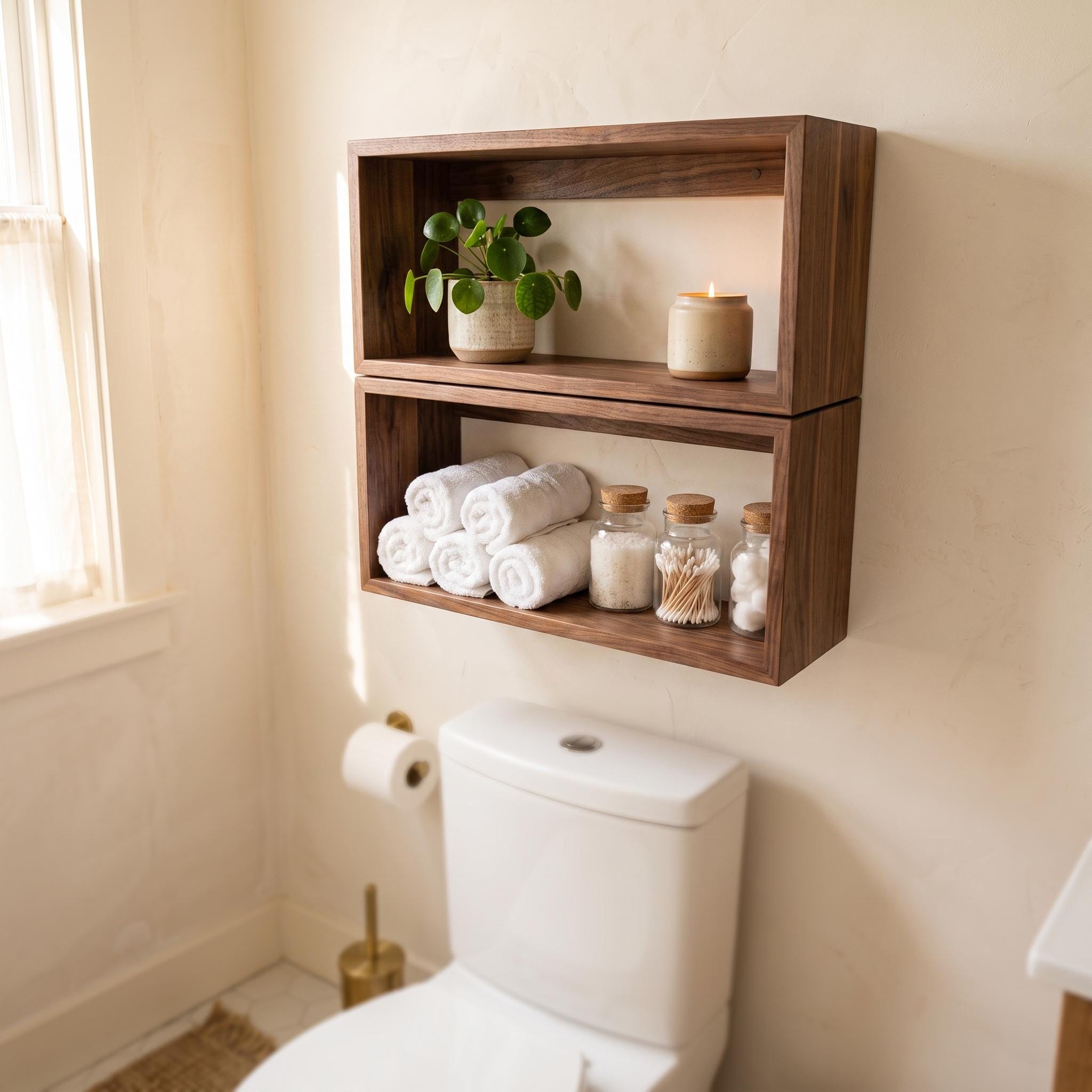 Over the Toilet Storage, Set of 2 Wooden Box Shelves, Farmhouse Bathroom Wall Organizer 4