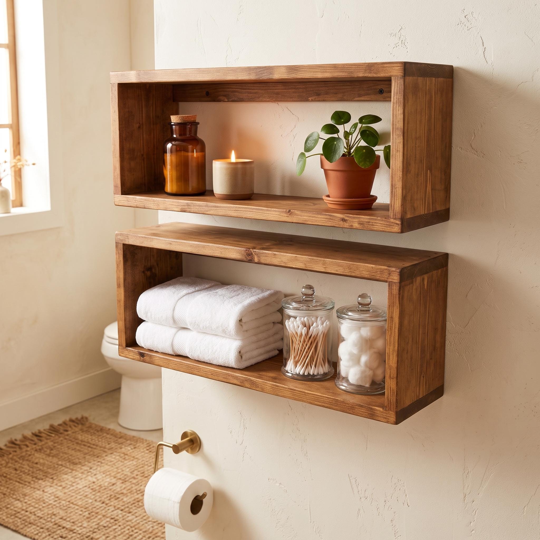Over the Toilet Storage, Set of 2 Wooden Box Shelves, Farmhouse Bathroom Wall Organizer 9
