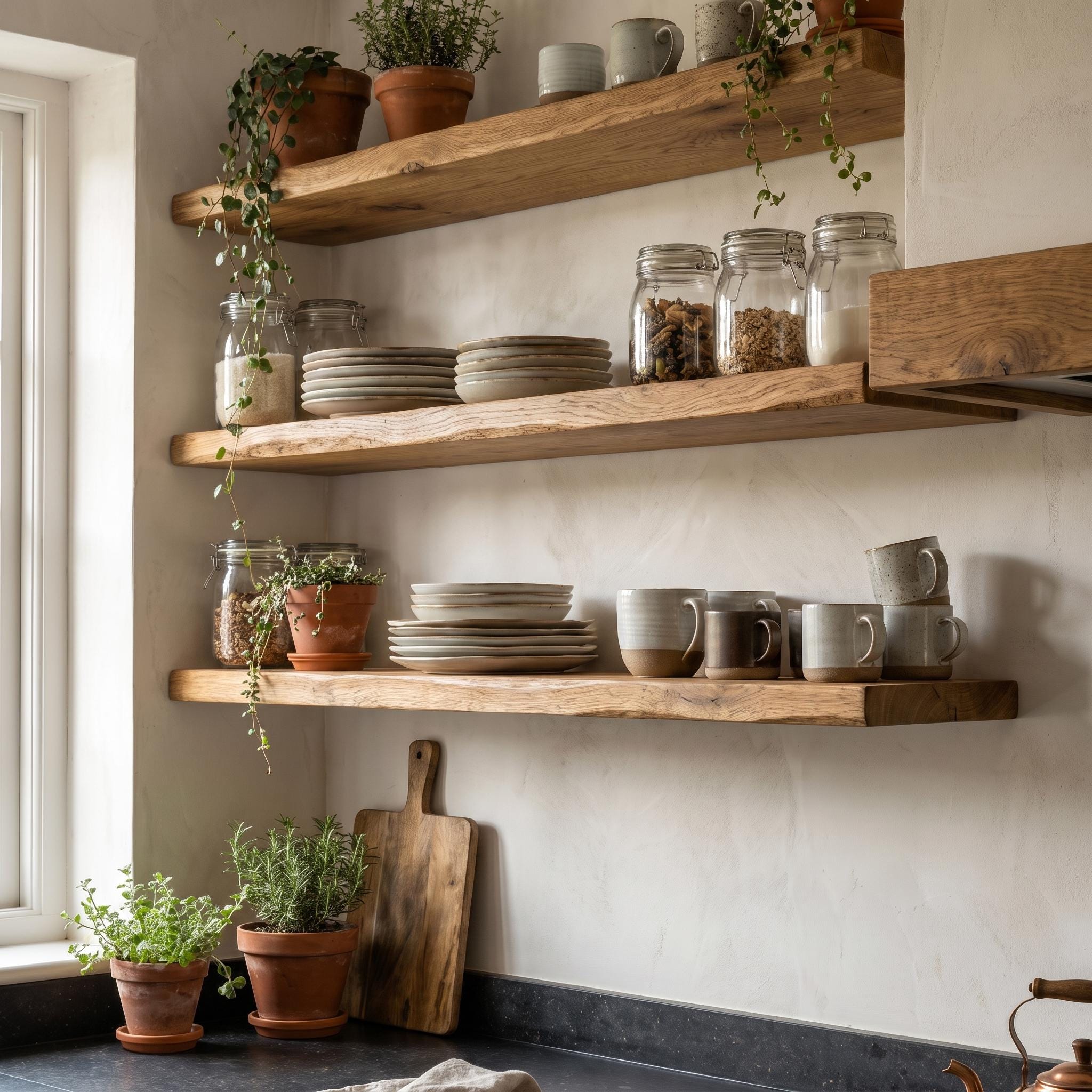 Set of 3 Solid Oak Walnut Floating Shelves, Rustic Farmhouse Kitchen Decor