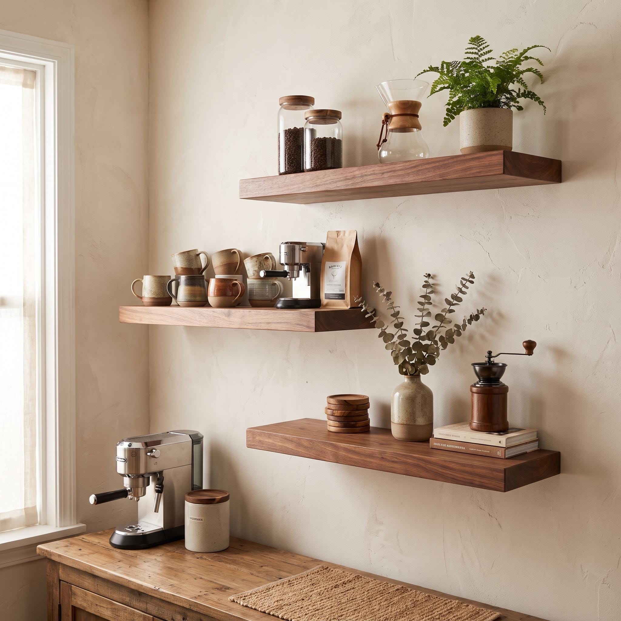 Set of 3 Solid Oak Walnut Floating Shelves, Rustic Farmhouse Kitchen Decor 10