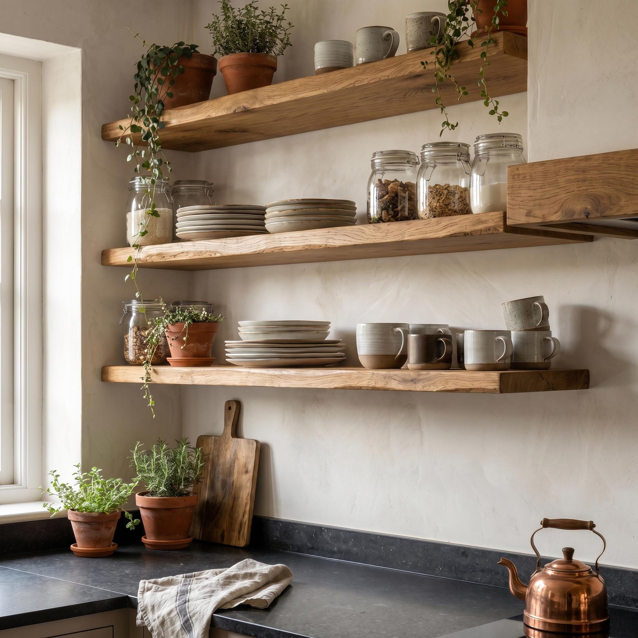 Set of 3 Solid Oak Walnut Floating Shelves, Rustic Farmhouse Kitchen Decor 2