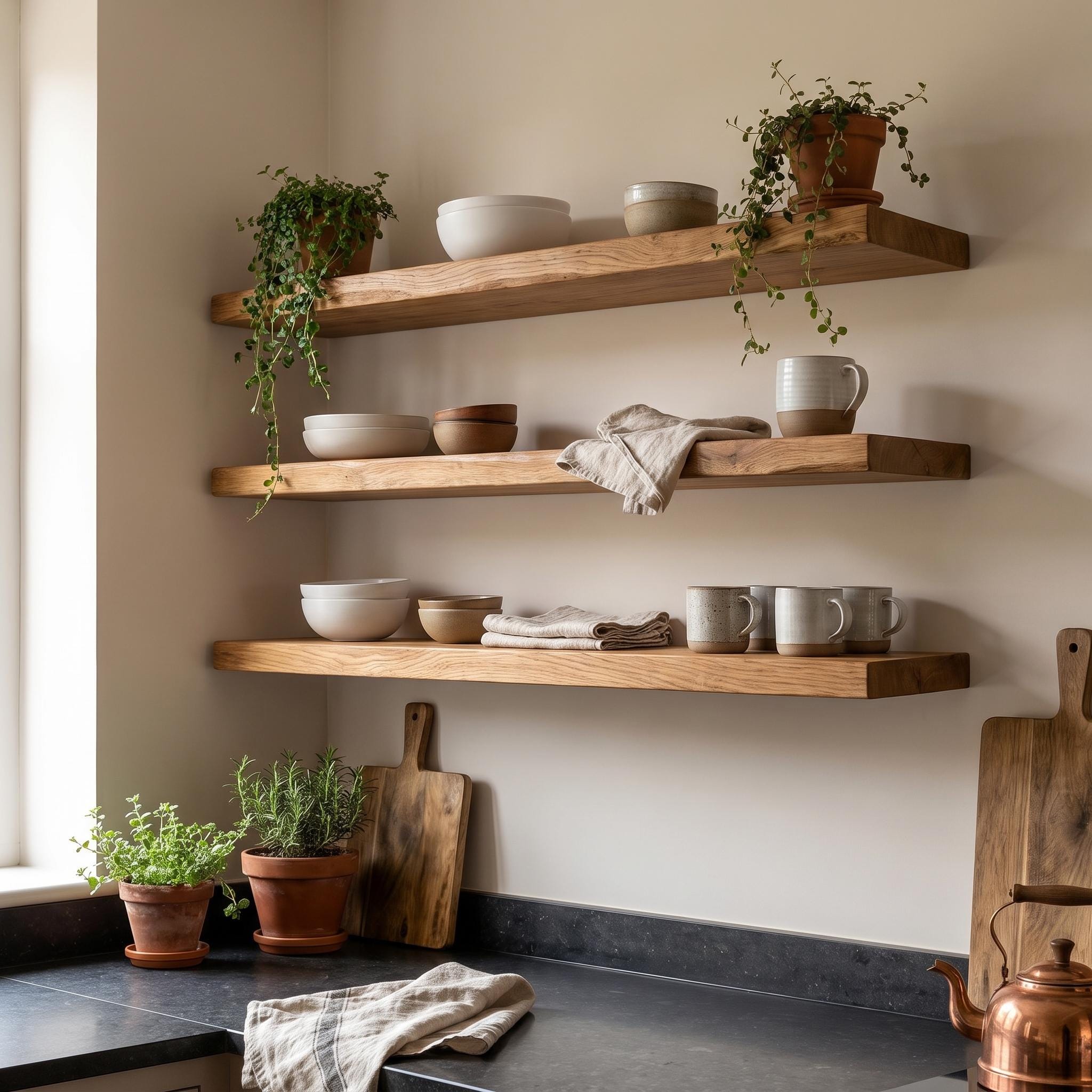 Set of 3 Solid Oak Walnut Floating Shelves, Rustic Farmhouse Kitchen Decor 3