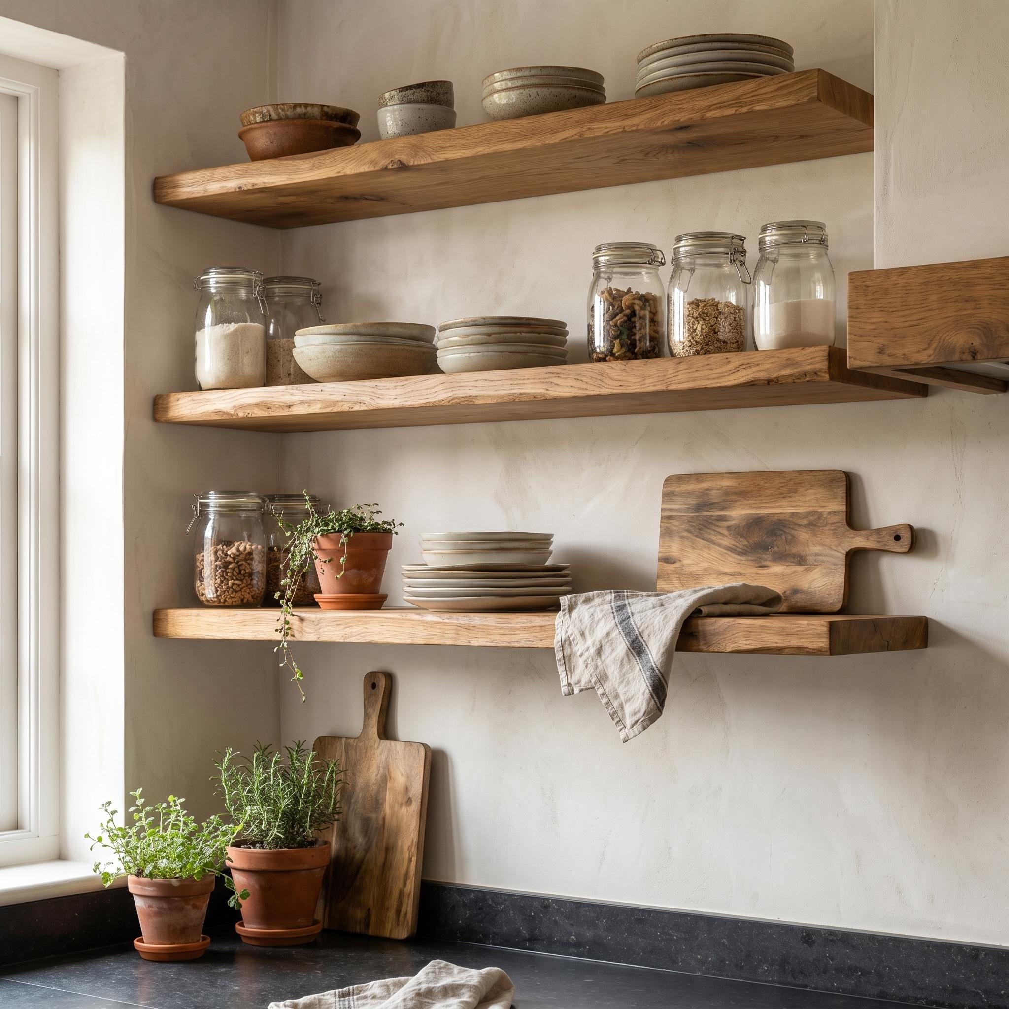 Set of 3 Solid Oak Walnut Floating Shelves, Rustic Farmhouse Kitchen Decor 4