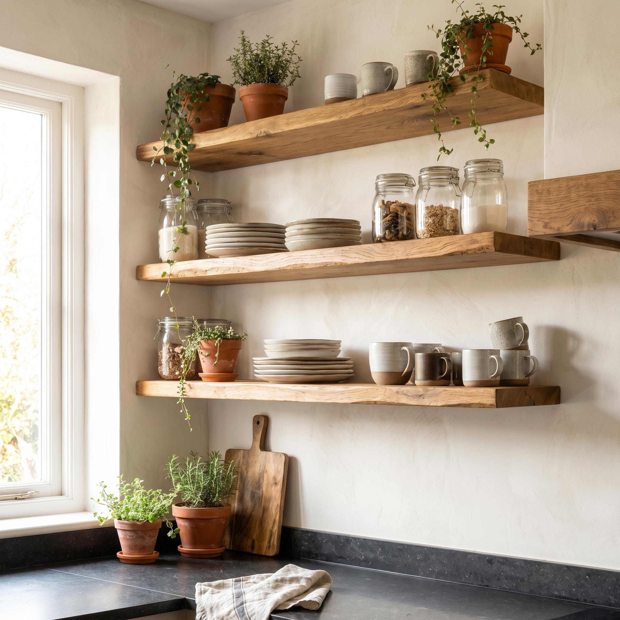 Set of 3 Solid Oak Walnut Floating Shelves, Rustic Farmhouse Kitchen Decor 5