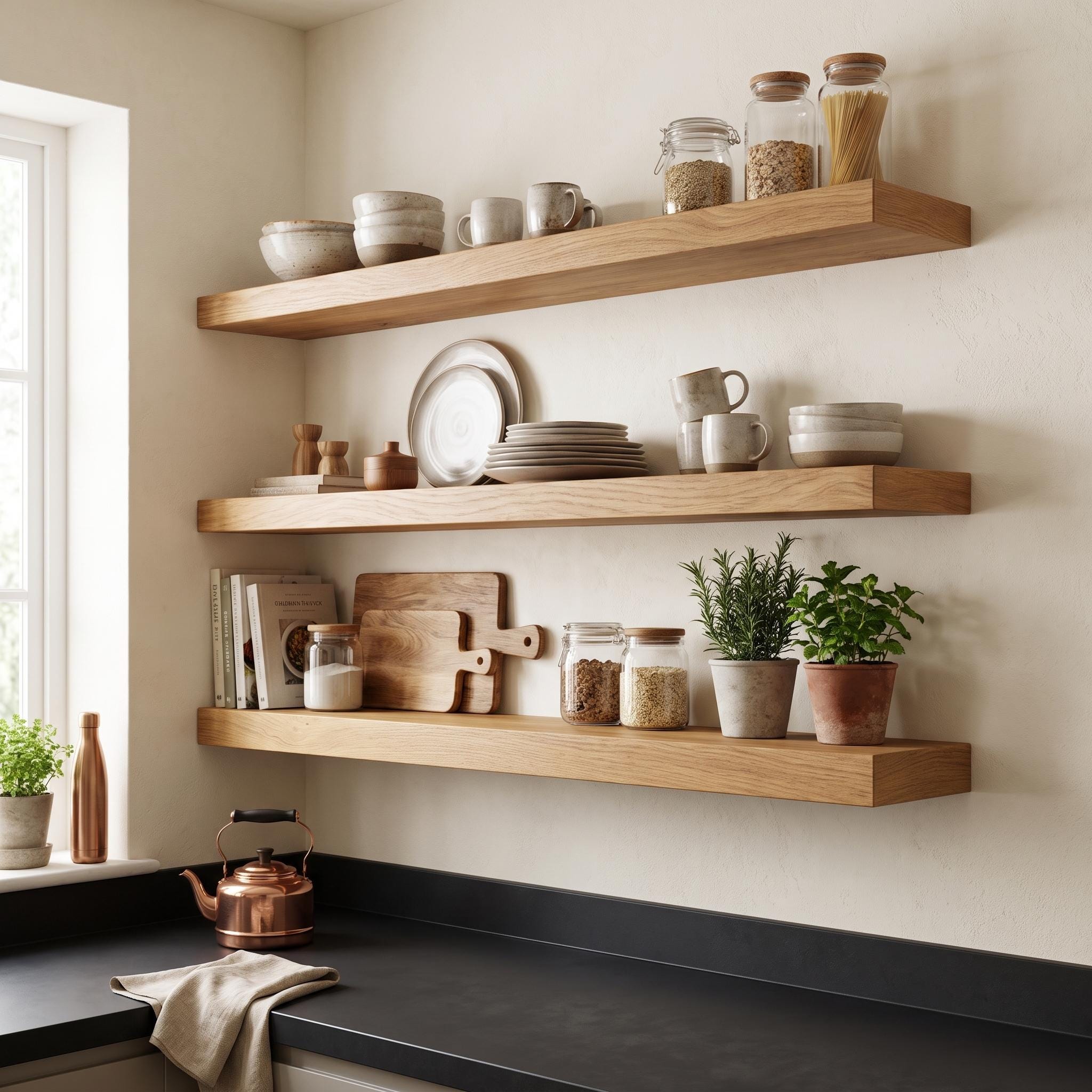 Set of 3 Solid Oak Walnut Floating Shelves, Rustic Farmhouse Kitchen Decor 6