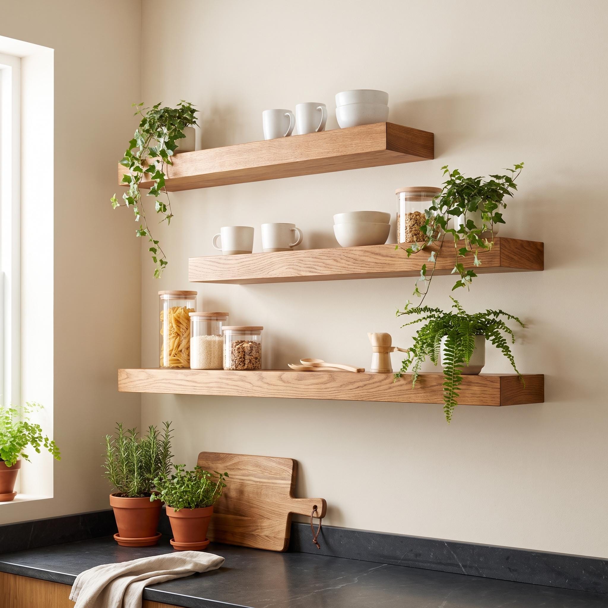 Set of 3 Solid Oak Walnut Floating Shelves, Rustic Farmhouse Kitchen Decor 7
