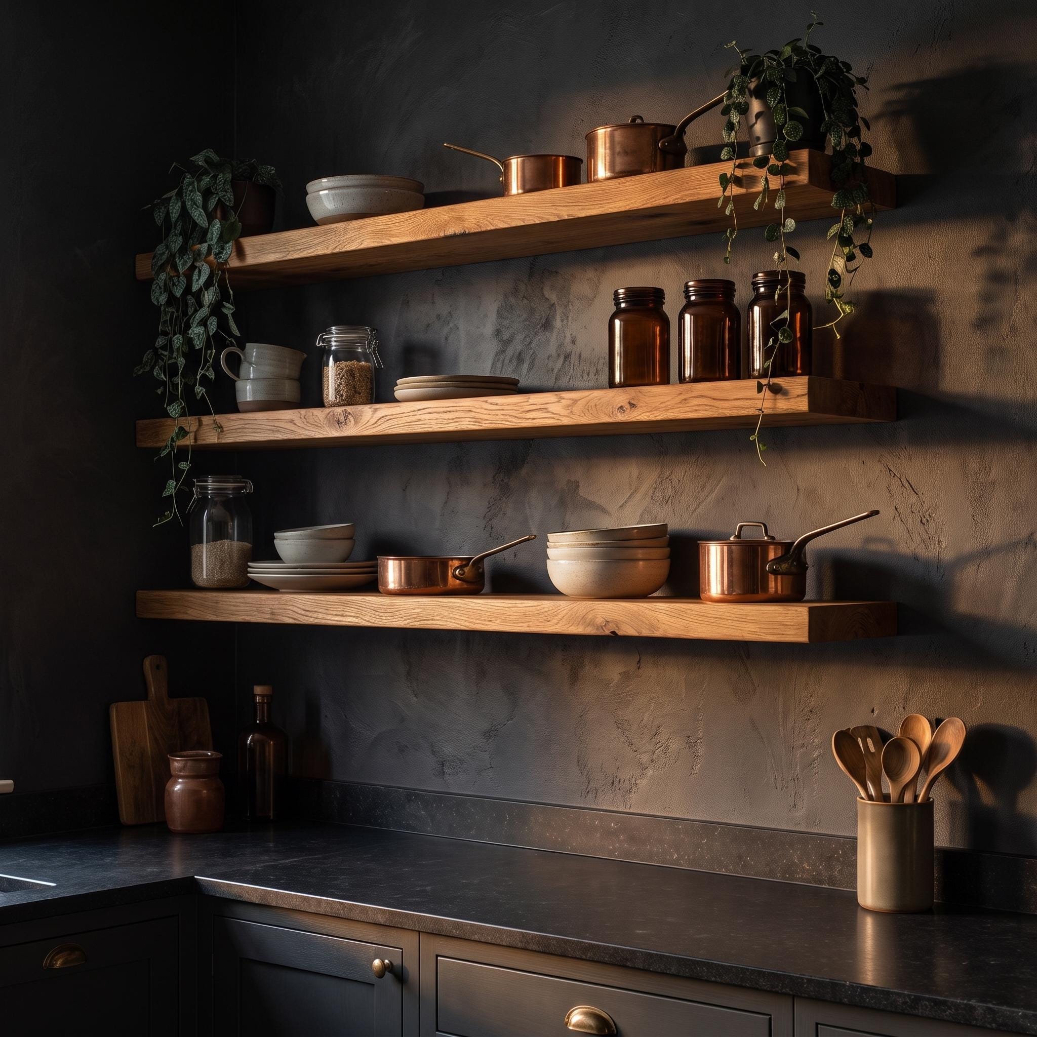 Set of 3 Solid Oak Walnut Floating Shelves, Rustic Farmhouse Kitchen Decor 8