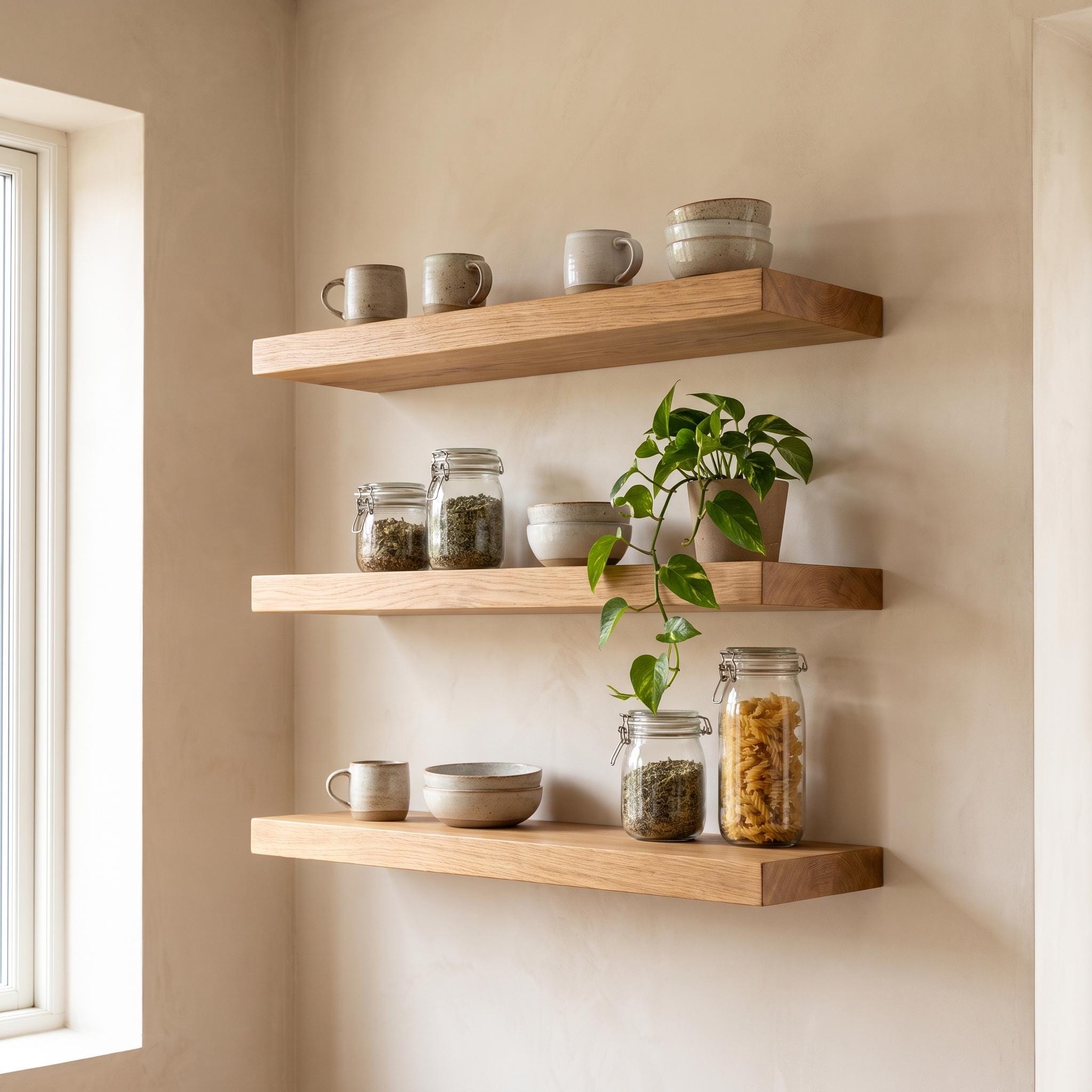 Set of 3 Solid Oak Walnut Floating Shelves, Rustic Farmhouse Kitchen Decor 9