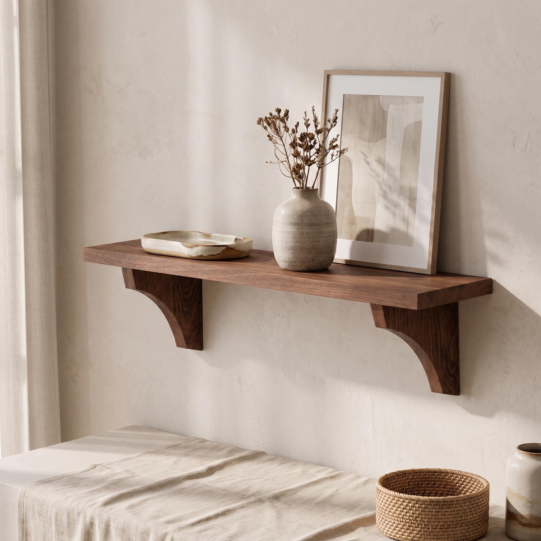 Handmade Walnut Wall Shelf, Curved Wooden Brackets, Rustic Farmhouse Decor