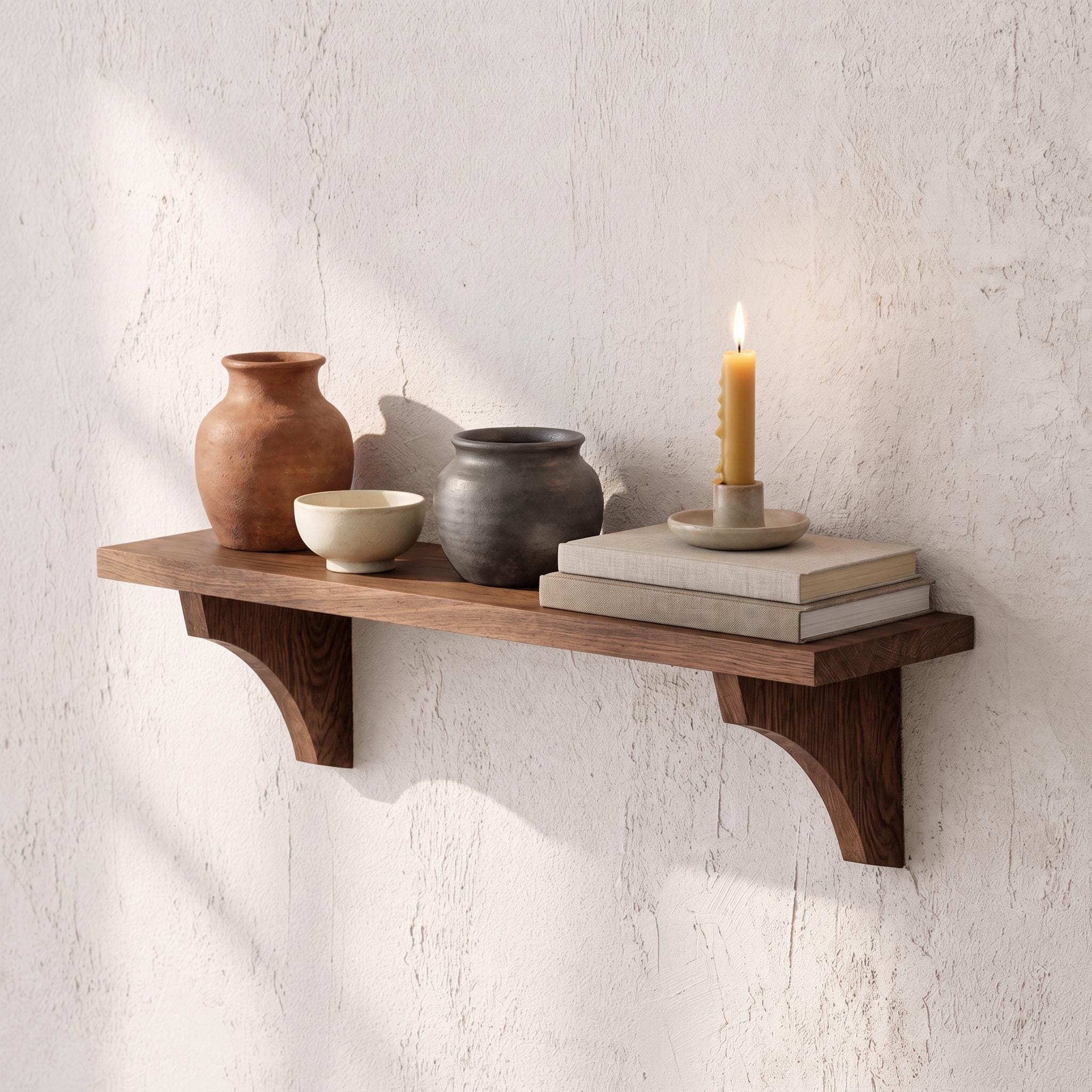 Handmade Walnut Wall Shelf, Curved Wooden Brackets, Rustic Farmhouse Decor 10